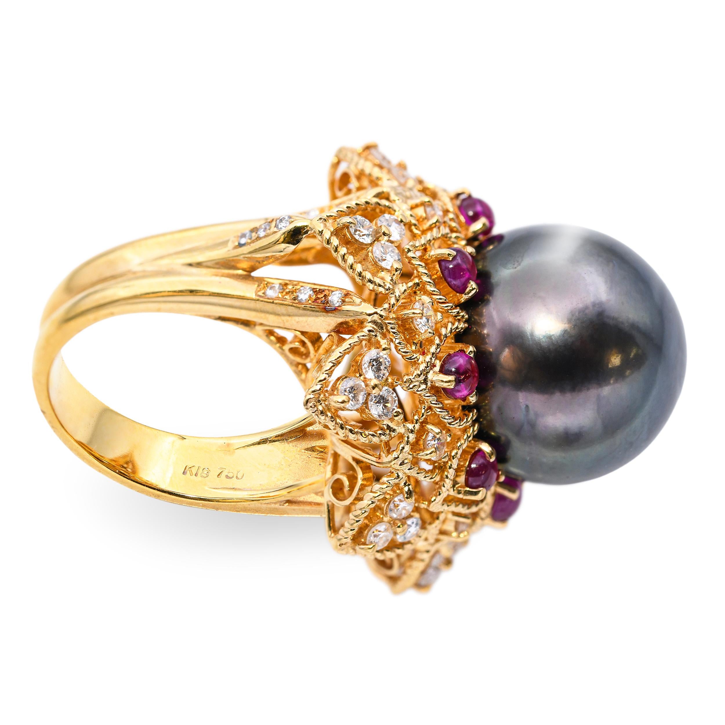 Vintage 18k Yellow Gold Tahitian Pearl Ruby and Diamond Ring
