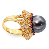 Vintage 18k Yellow Gold Tahitian Pearl Ruby and Diamond Ring
