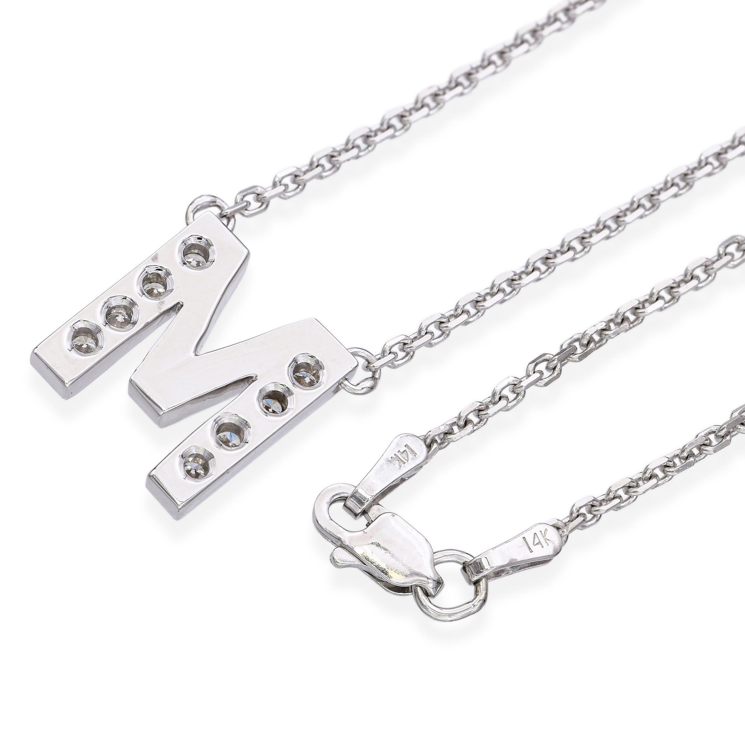 Vintage 14k White Gold Diamond M Initial Necklace