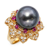 Vintage 18k Yellow Gold Tahitian Pearl Ruby and Diamond Ring