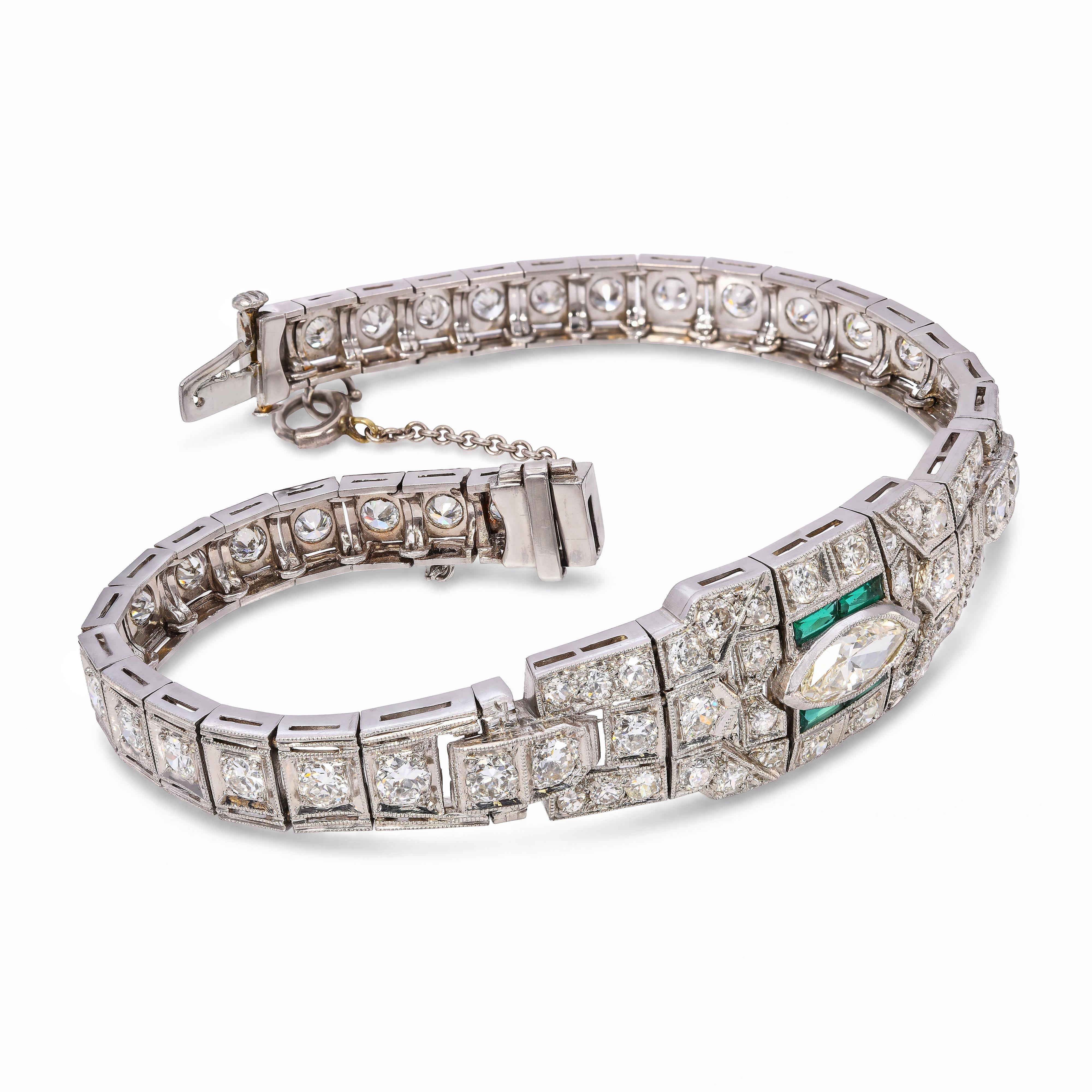Art Deco Platinum 2.81tcw Diamond and Emerald Accent Link Bracelet