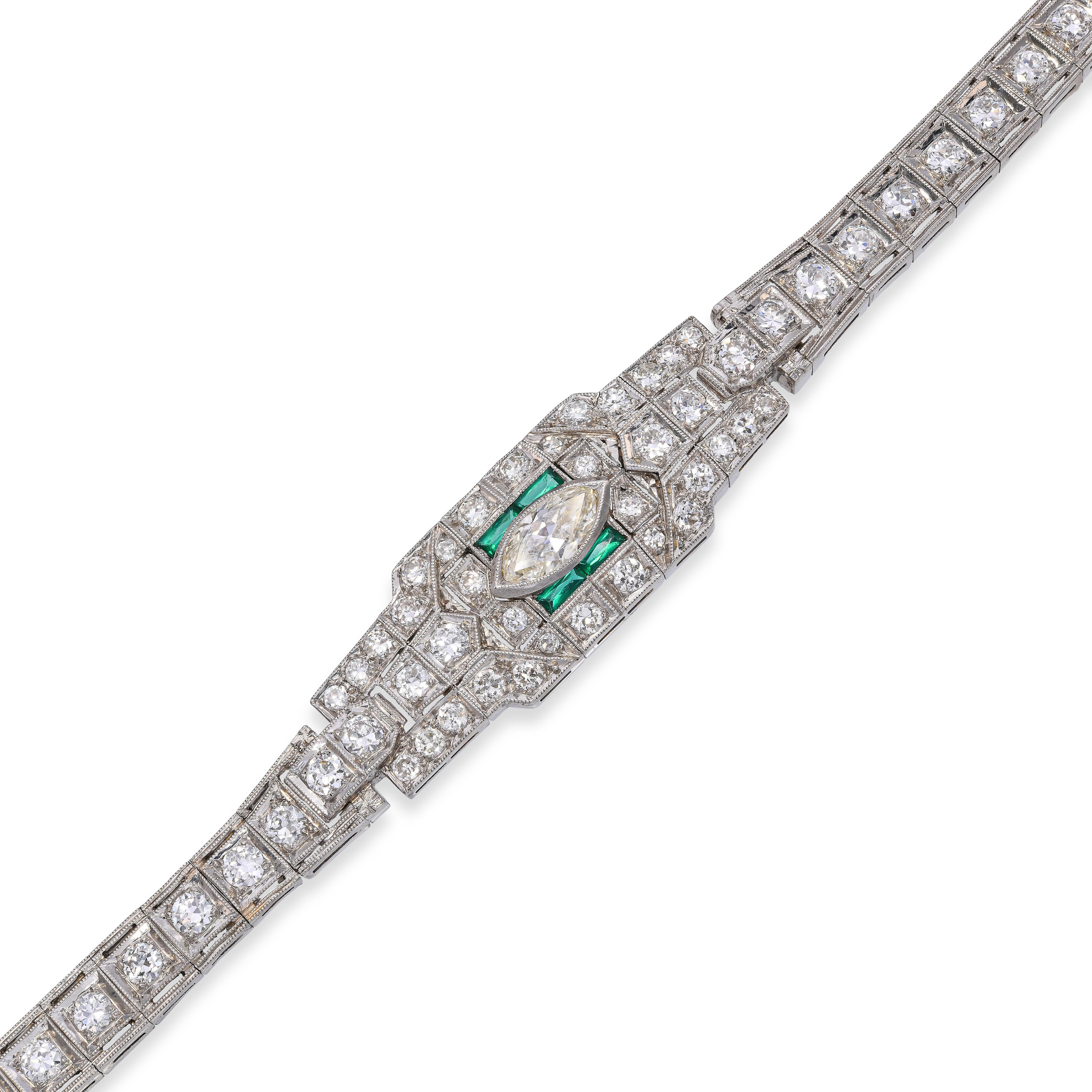 Art Deco Platinum 2.81tcw Diamond and Emerald Accent Link Bracelet