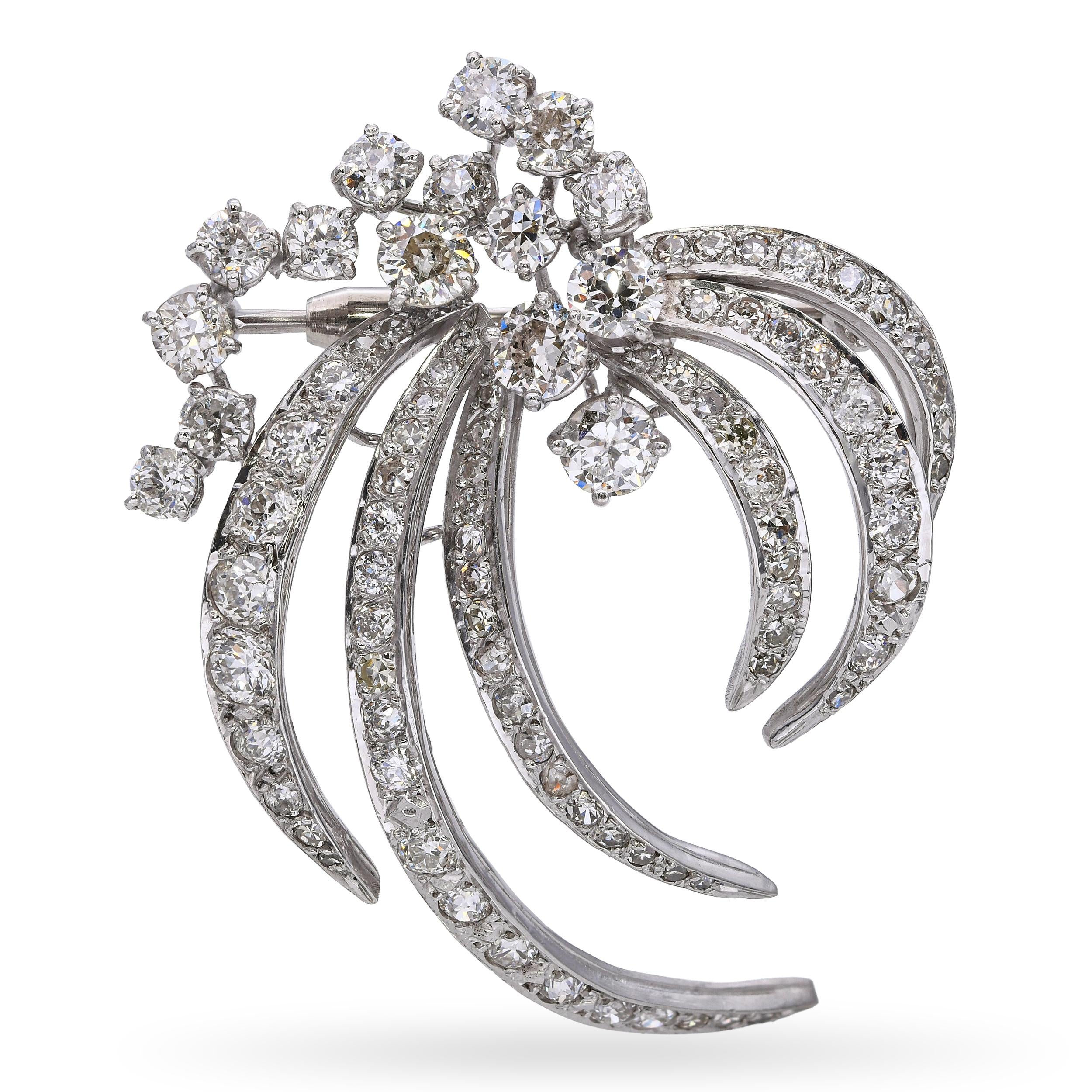Vintage Platinum Precious Metal Alloy 5.21tcw Diamond Floral Spray Brooch