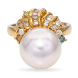 Vintage 18k Yellow Gold Pearl and Colored Diamond Ring
