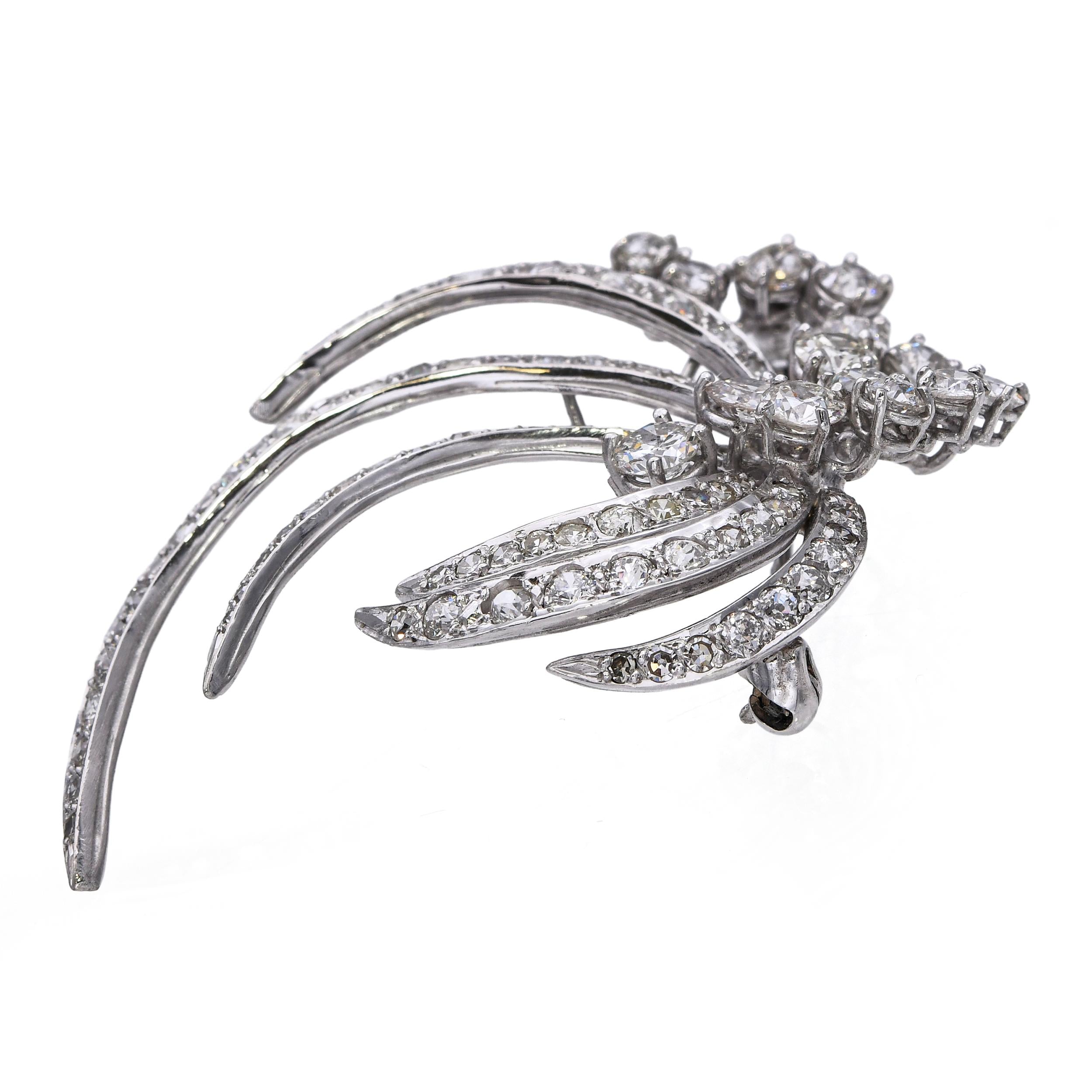 Vintage Platinum Precious Metal Alloy 5.21tcw Diamond Floral Spray Brooch