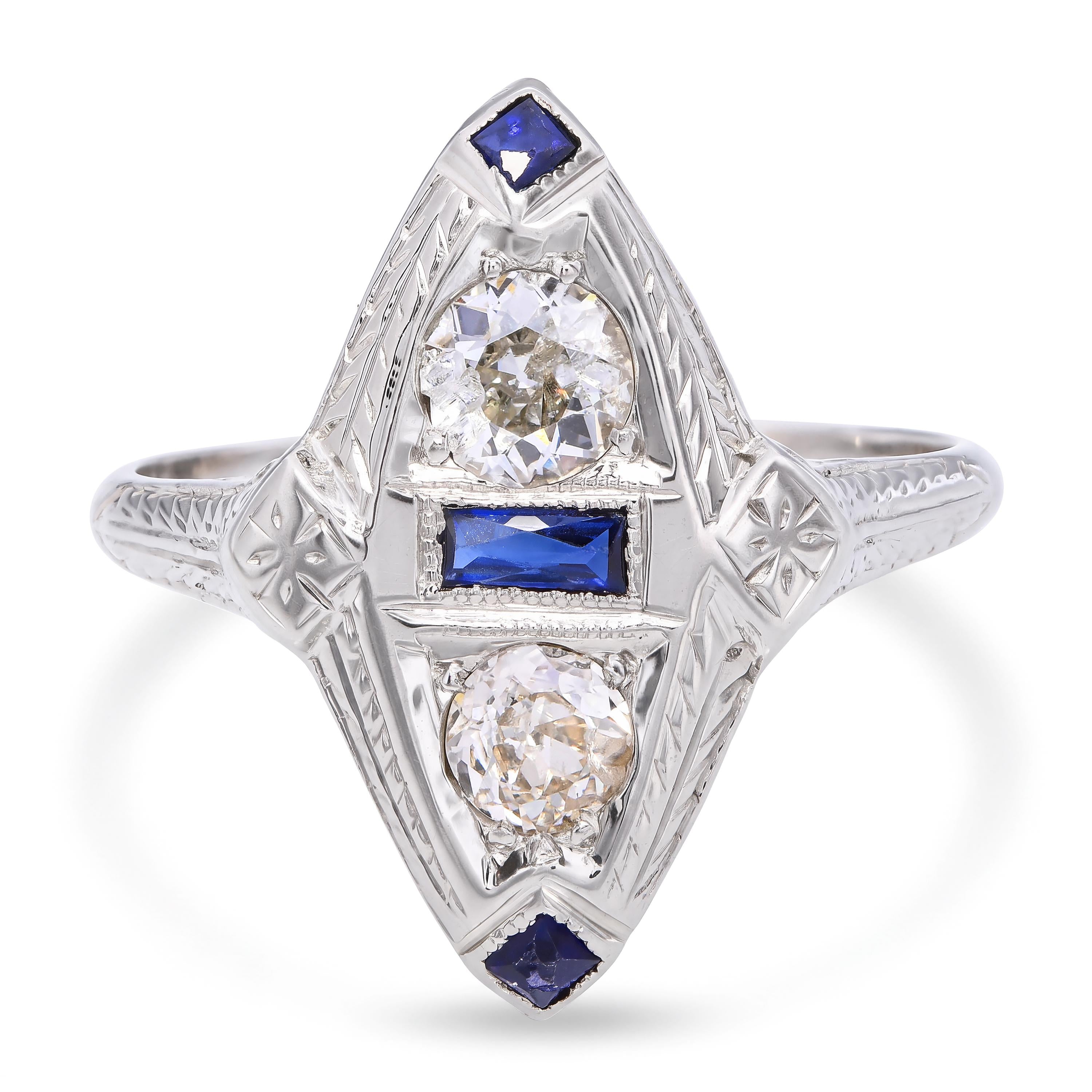 Art Deco 18k White Gold 0.55tcw Old Euro Diamond and Sapphire Engraved Ring