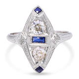 Art Deco 18k White Gold 0.55tcw Old Euro Diamond and Sapphire Engraved Ring