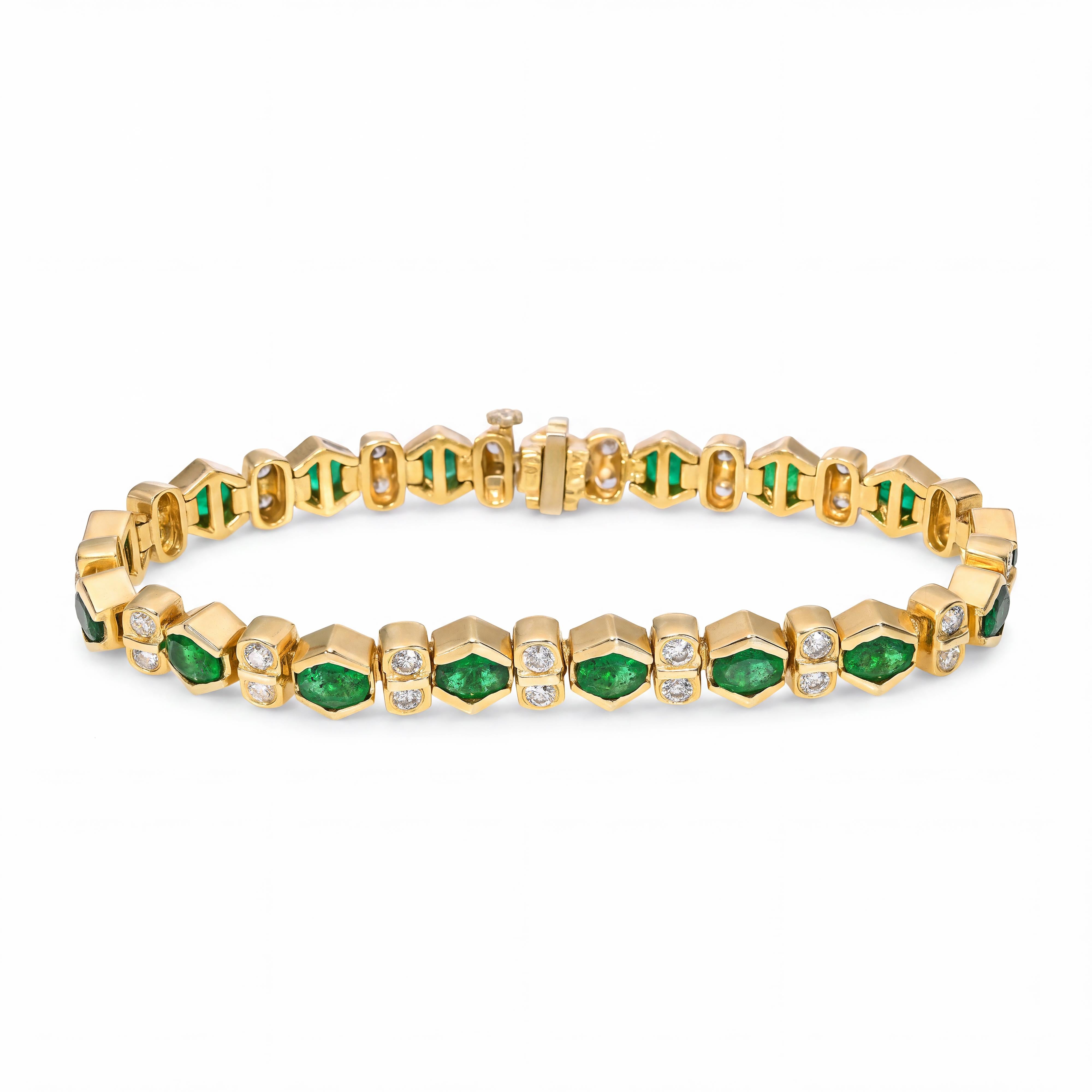 14k Yellow Gold Bezel Set Zambian Emerald and Diamond Line Bracelet