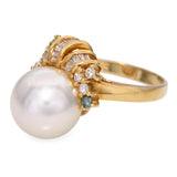 Vintage 18k Yellow Gold Pearl and Colored Diamond Ring