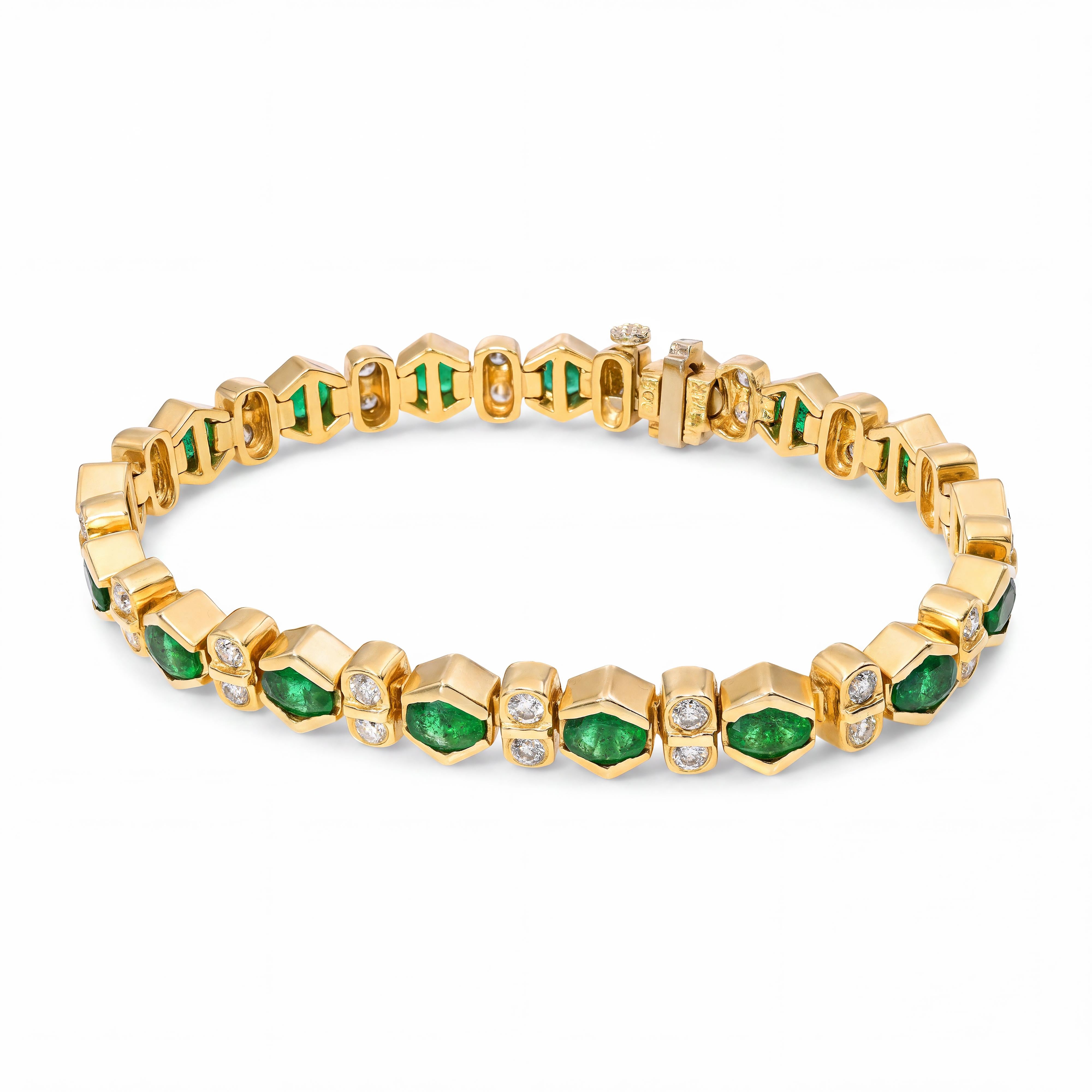 14k Yellow Gold Bezel Set Zambian Emerald and Diamond Line Bracelet