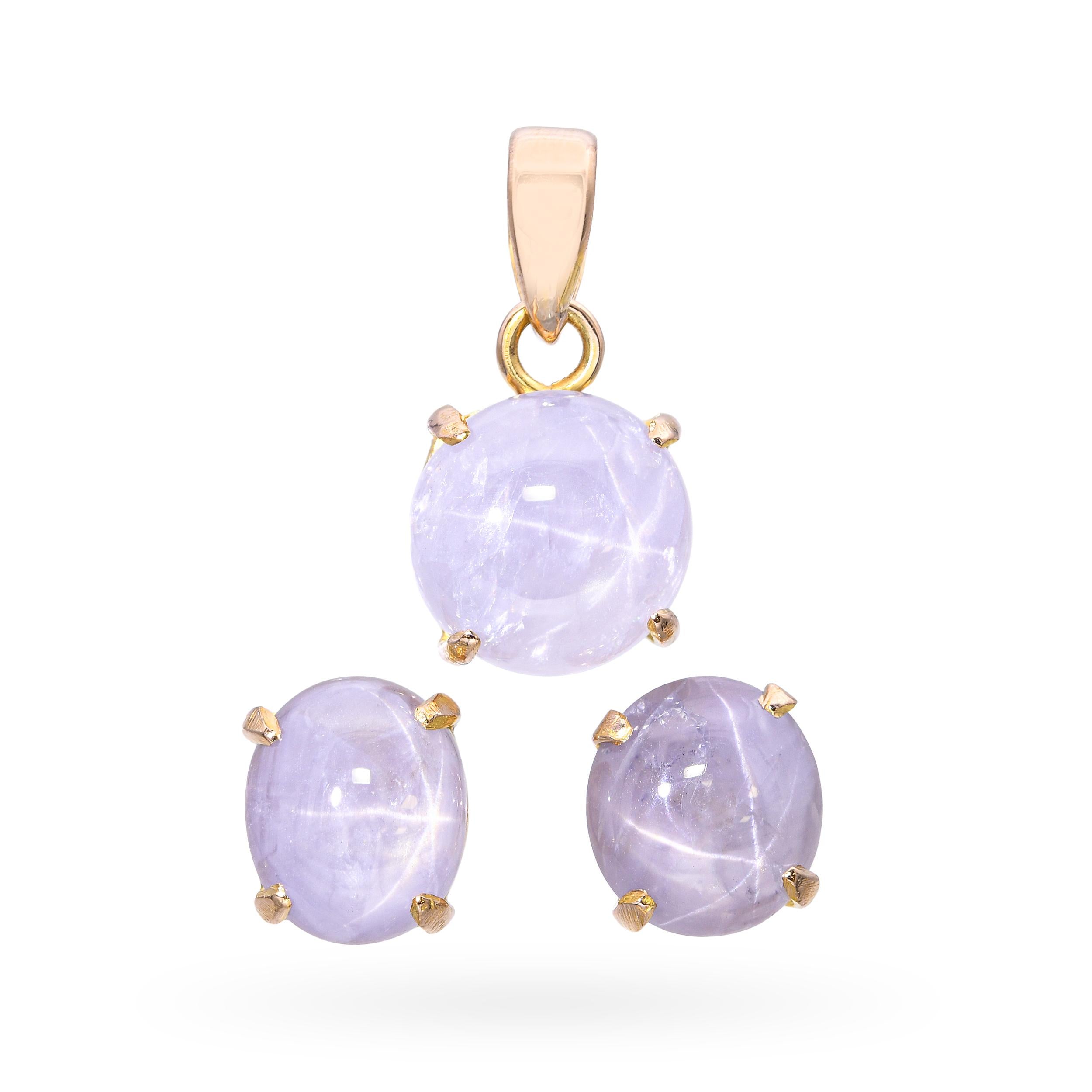 Vintage 16k Yellow Gold Greyish Blue Star Sapphire Earrings & Pendant Set