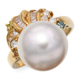 Vintage 18k Yellow Gold Pearl and Colored Diamond Ring