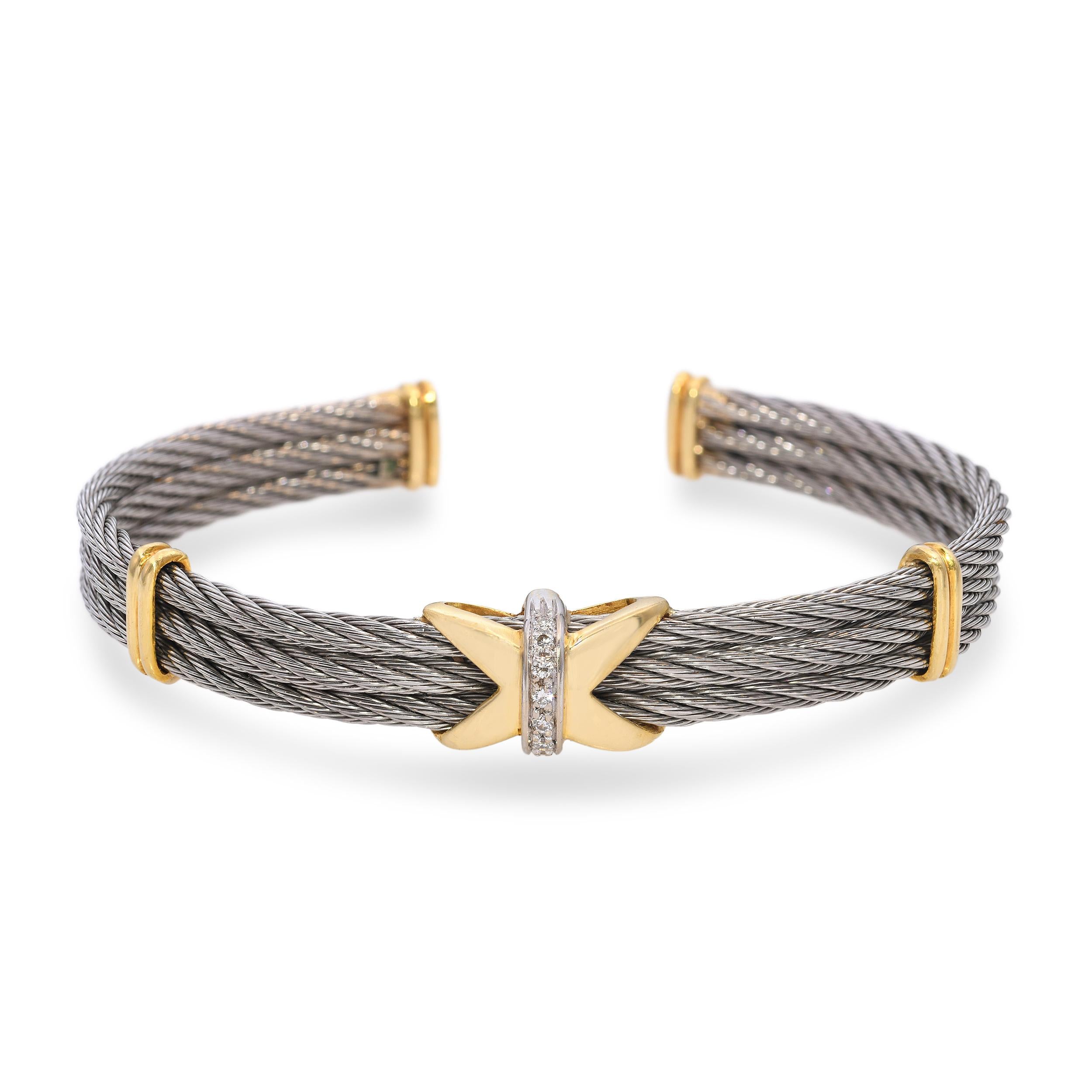 Vintage Yellow Gold and Stainless Steel Diamond X Cuff Bracelet