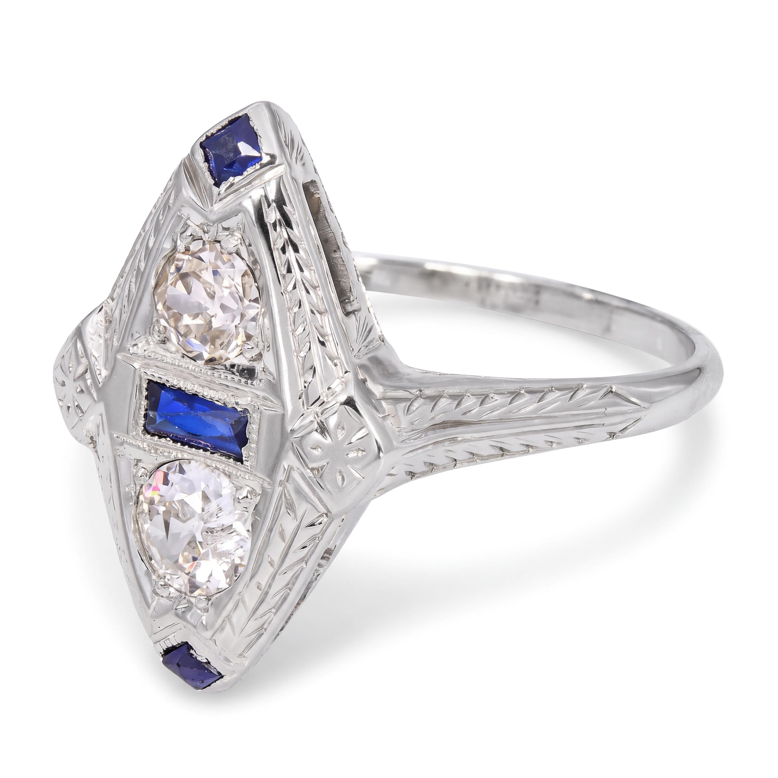 Art Deco 18k White Gold 0.55tcw Old Euro Diamond and Sapphire Engraved Ring