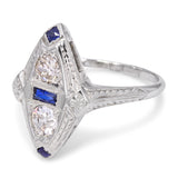 Art Deco 18k White Gold 0.55tcw Old Euro Diamond and Sapphire Engraved Ring