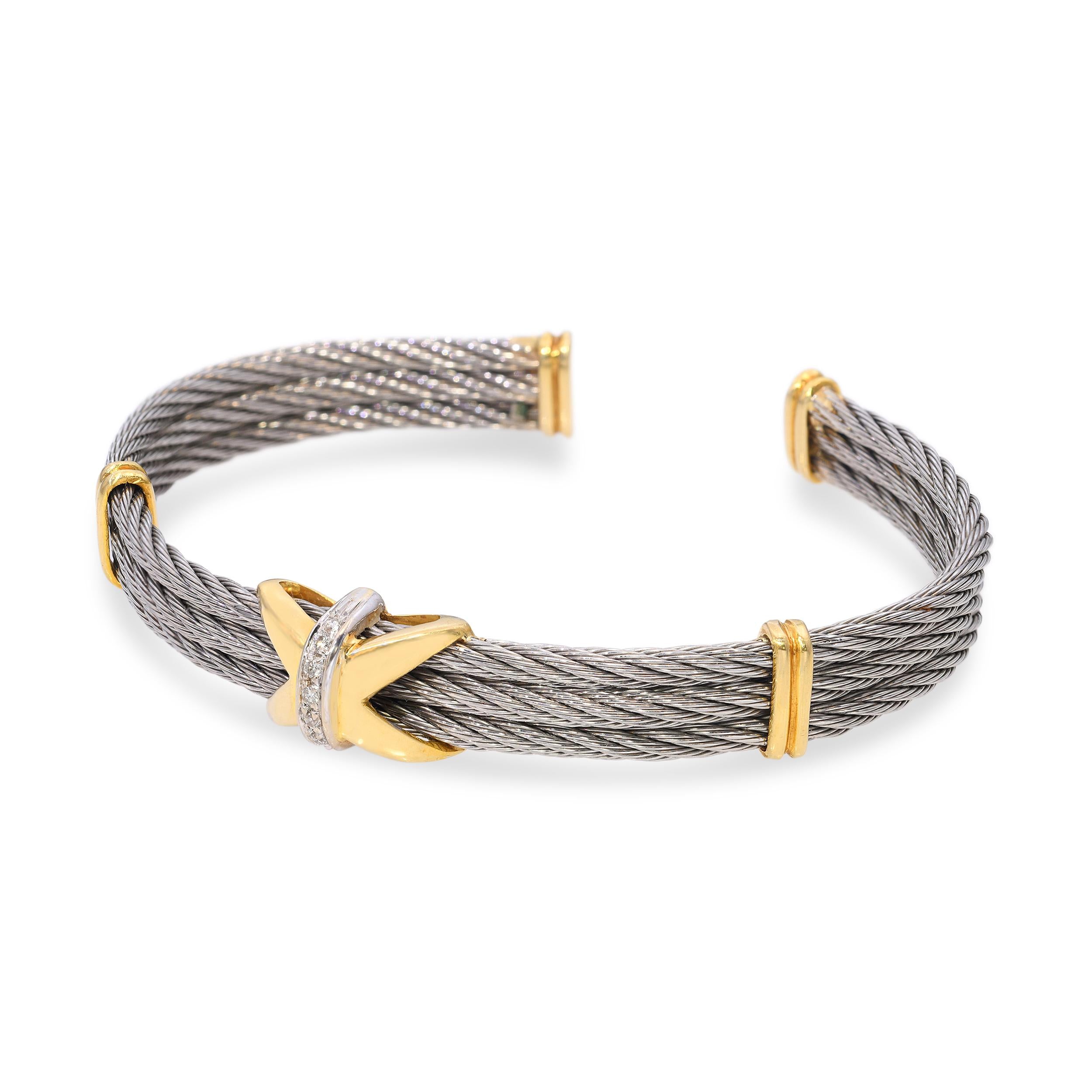 Vintage Yellow Gold and Stainless Steel Diamond X Cuff Bracelet