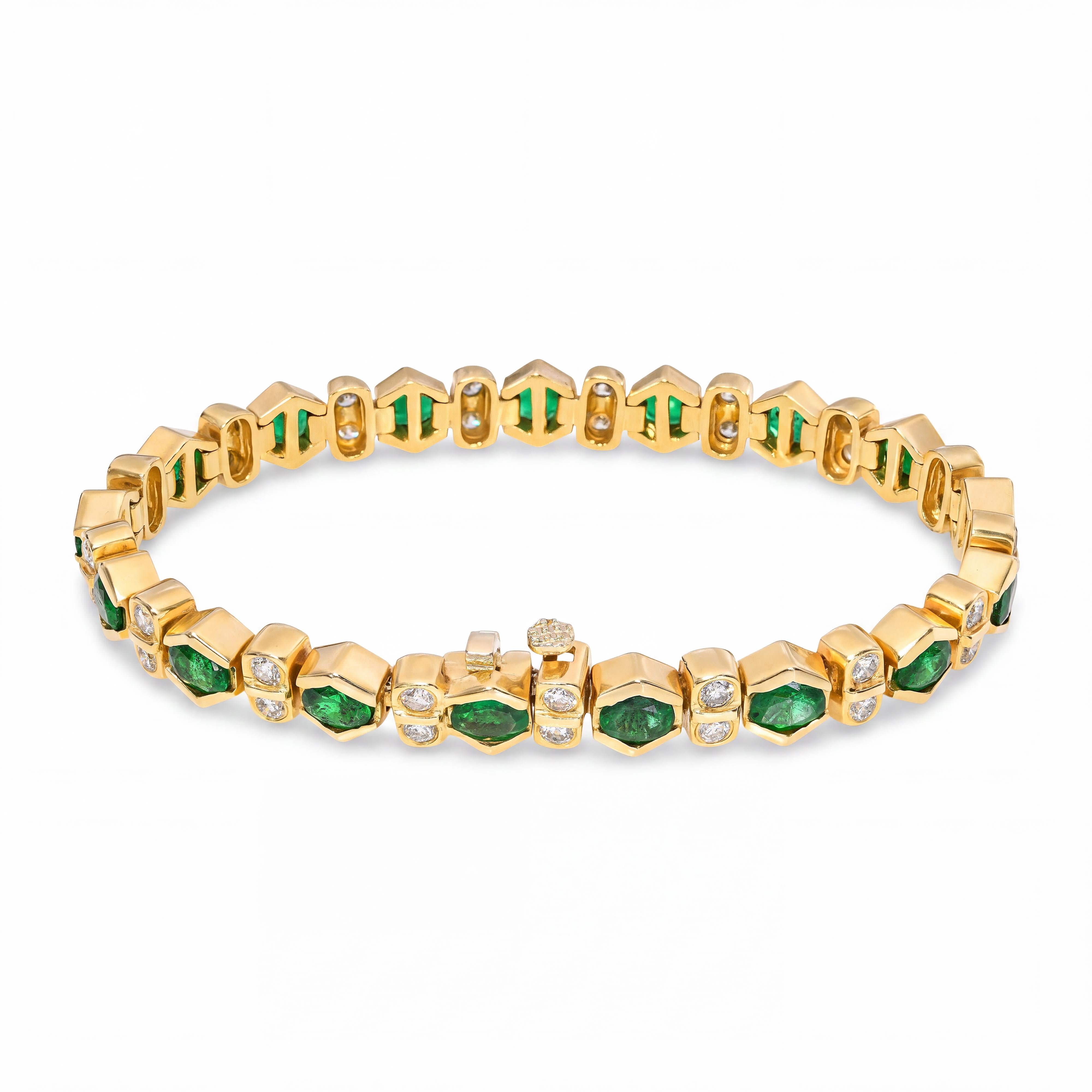 14k Yellow Gold Bezel Set Zambian Emerald and Diamond Line Bracelet