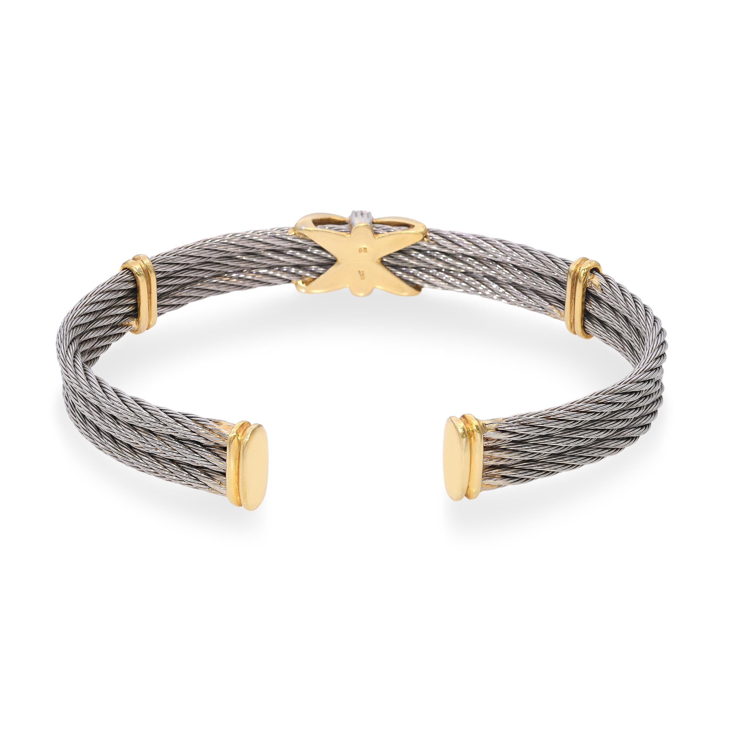 Vintage Yellow Gold and Stainless Steel Diamond X Cuff Bracelet