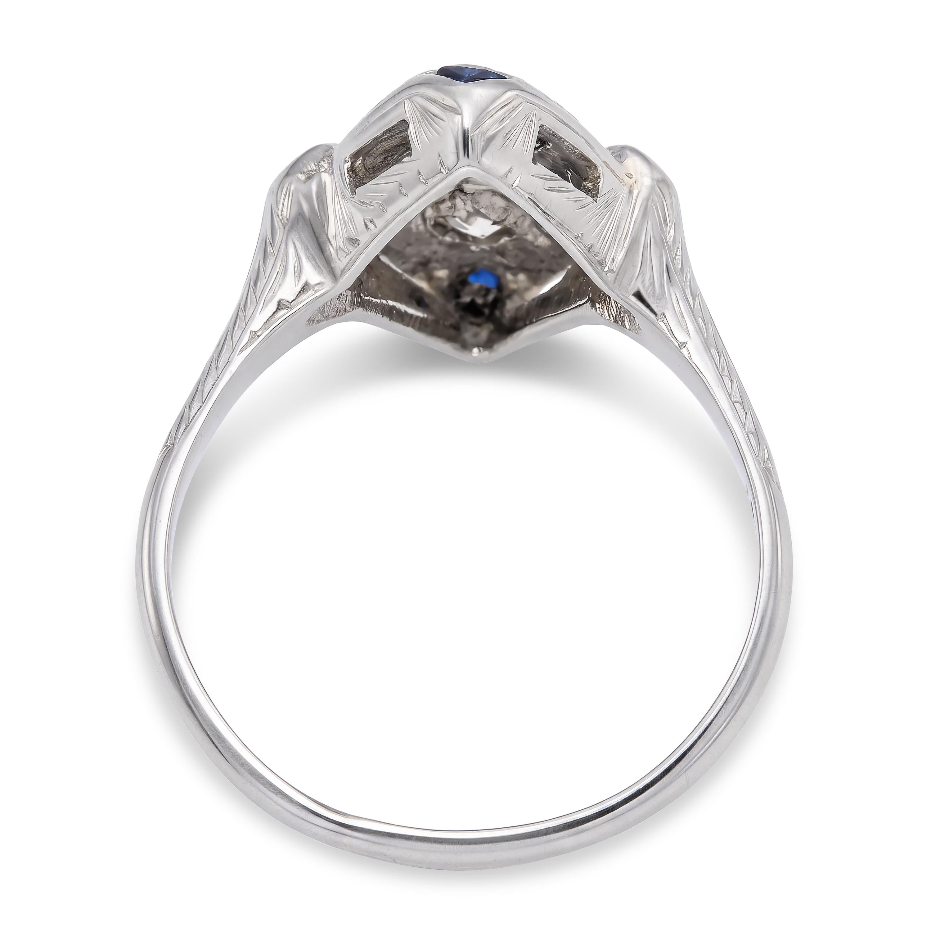 Art Deco 18k White Gold 0.55tcw Old Euro Diamond and Sapphire Engraved Ring