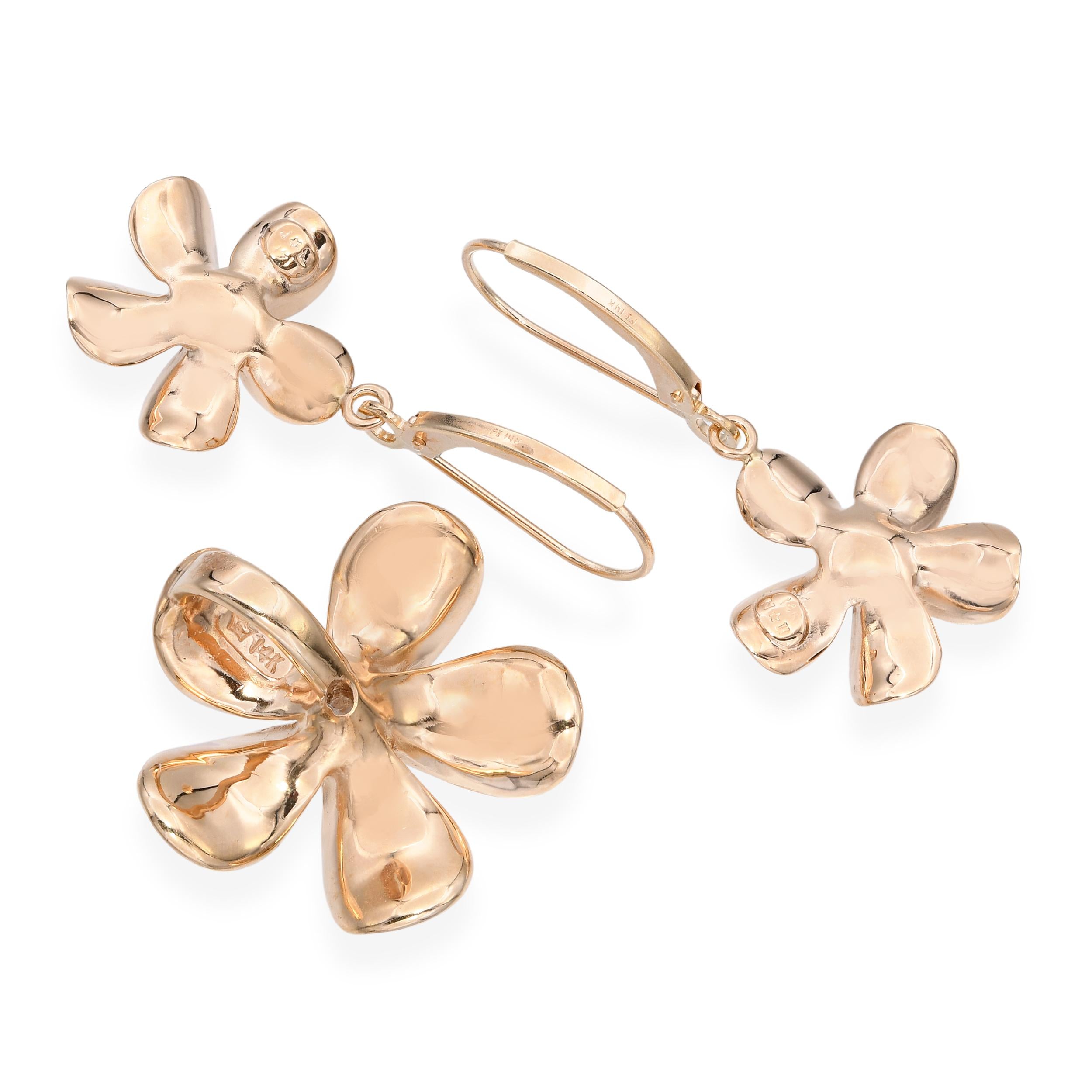 14k Rose Gold Plumeria Flower Diamond Earrings and Pendant Set