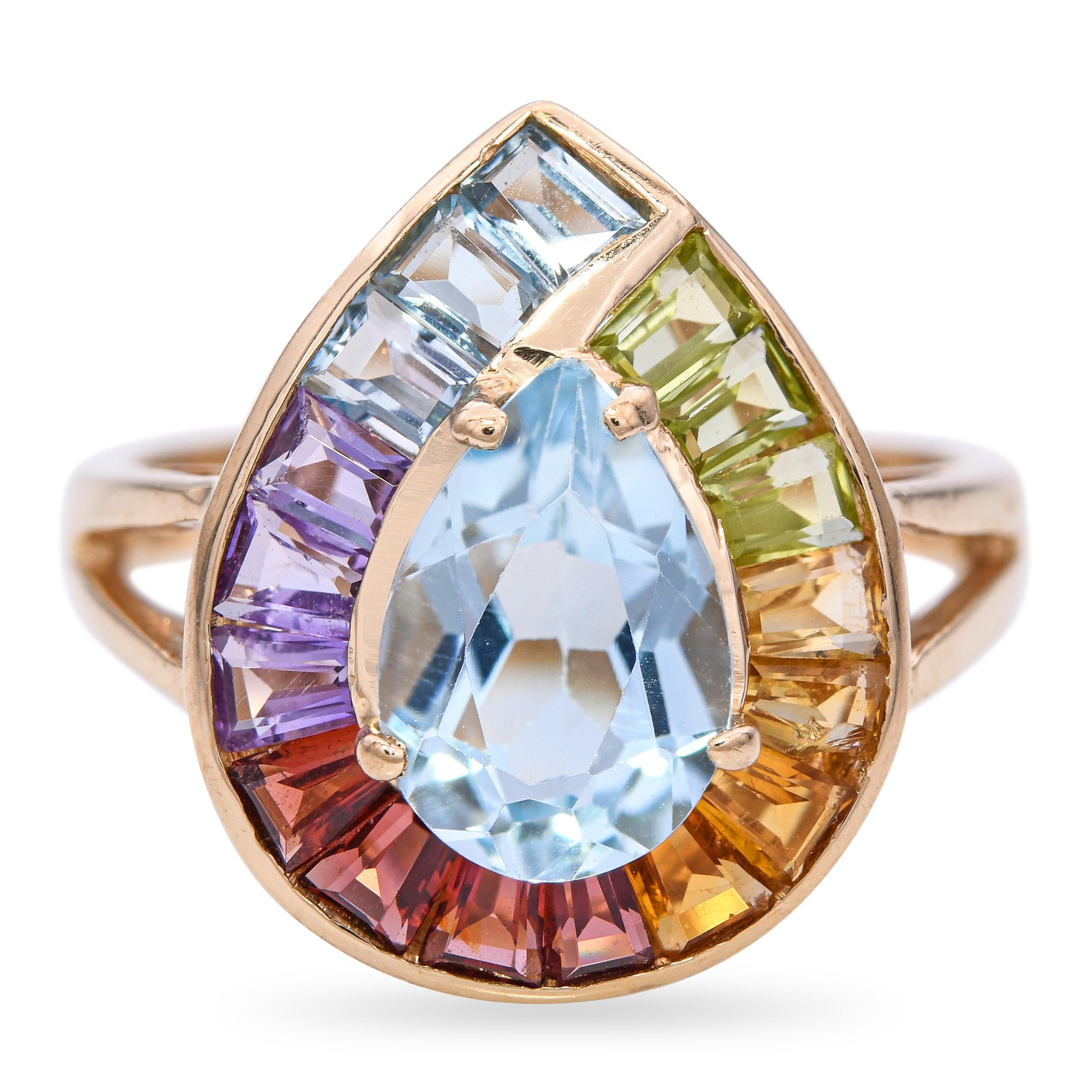 14k Yellow Gold Aquamarine and Multi Gemstone Halo Ring