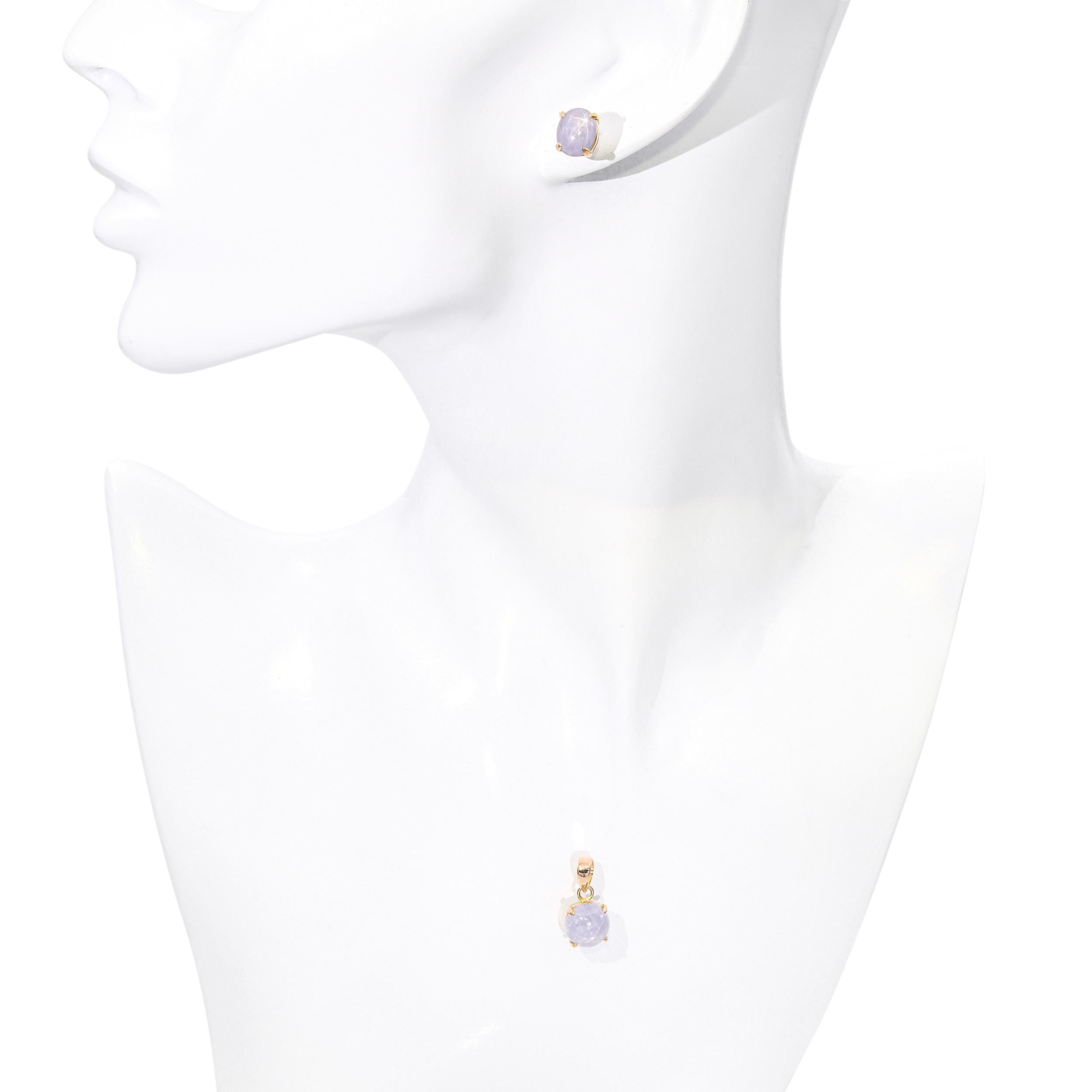 Vintage 16k Yellow Gold Greyish Blue Star Sapphire Earrings & Pendant Set