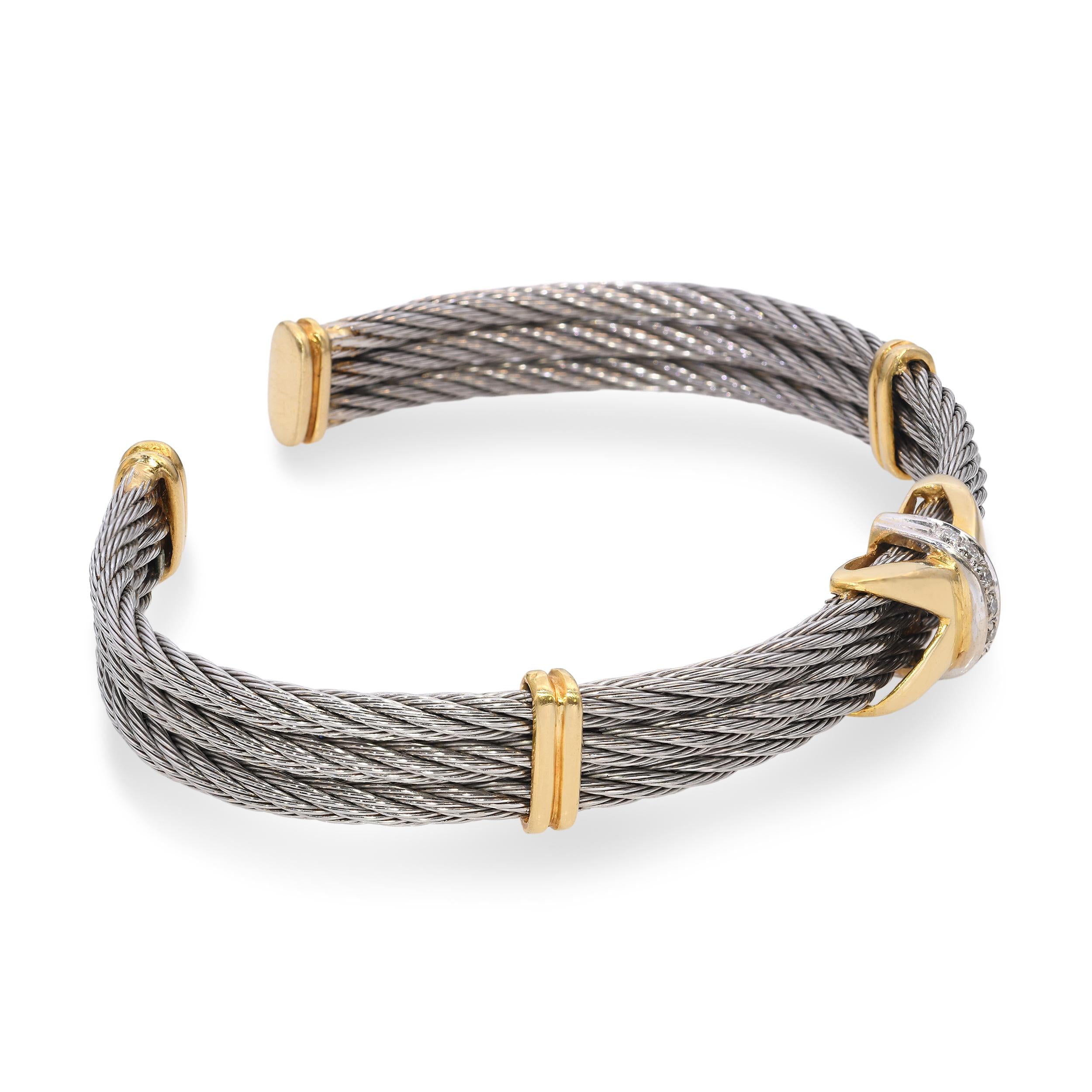 Vintage Yellow Gold and Stainless Steel Diamond X Cuff Bracelet
