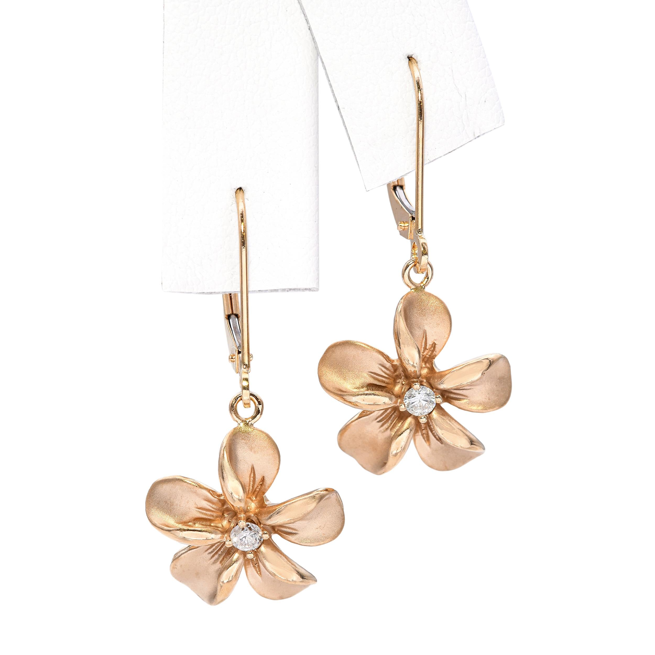 14k Rose Gold Plumeria Flower Diamond Earrings and Pendant Set