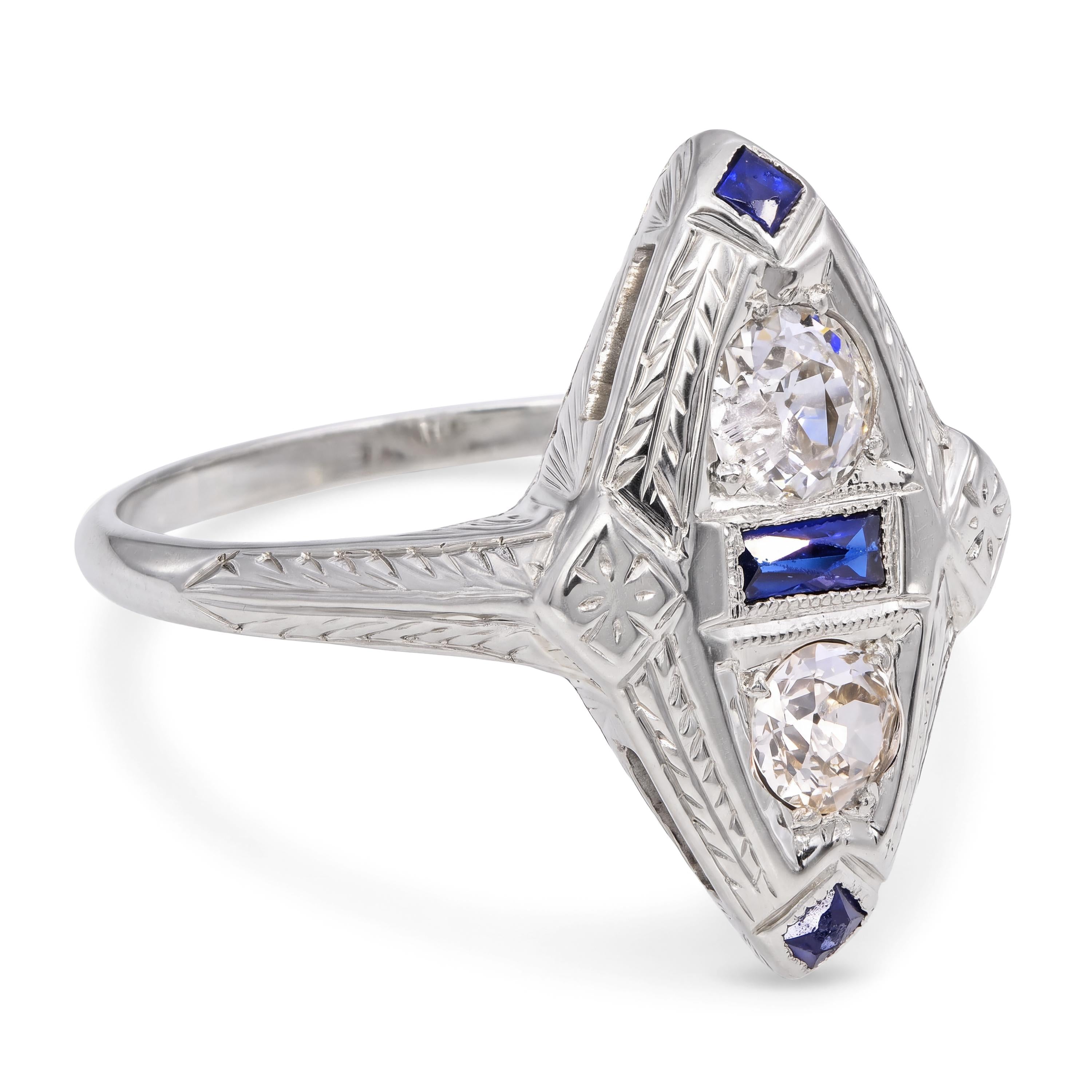 Art Deco 18k White Gold 0.55tcw Old Euro Diamond and Sapphire Engraved Ring
