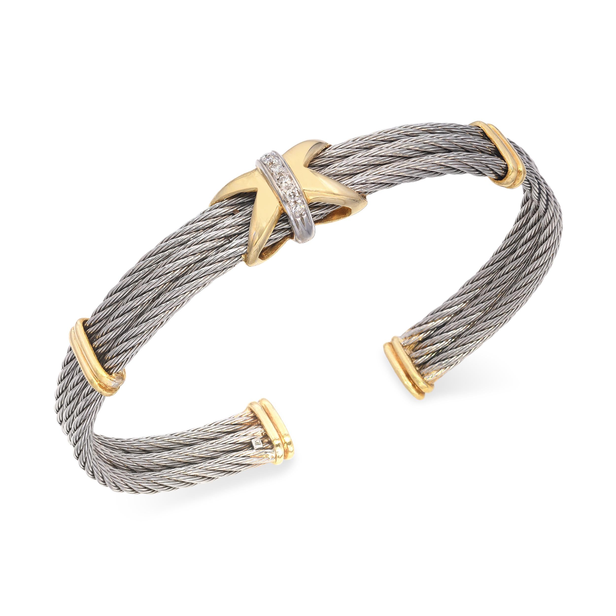 Vintage Yellow Gold and Stainless Steel Diamond X Cuff Bracelet