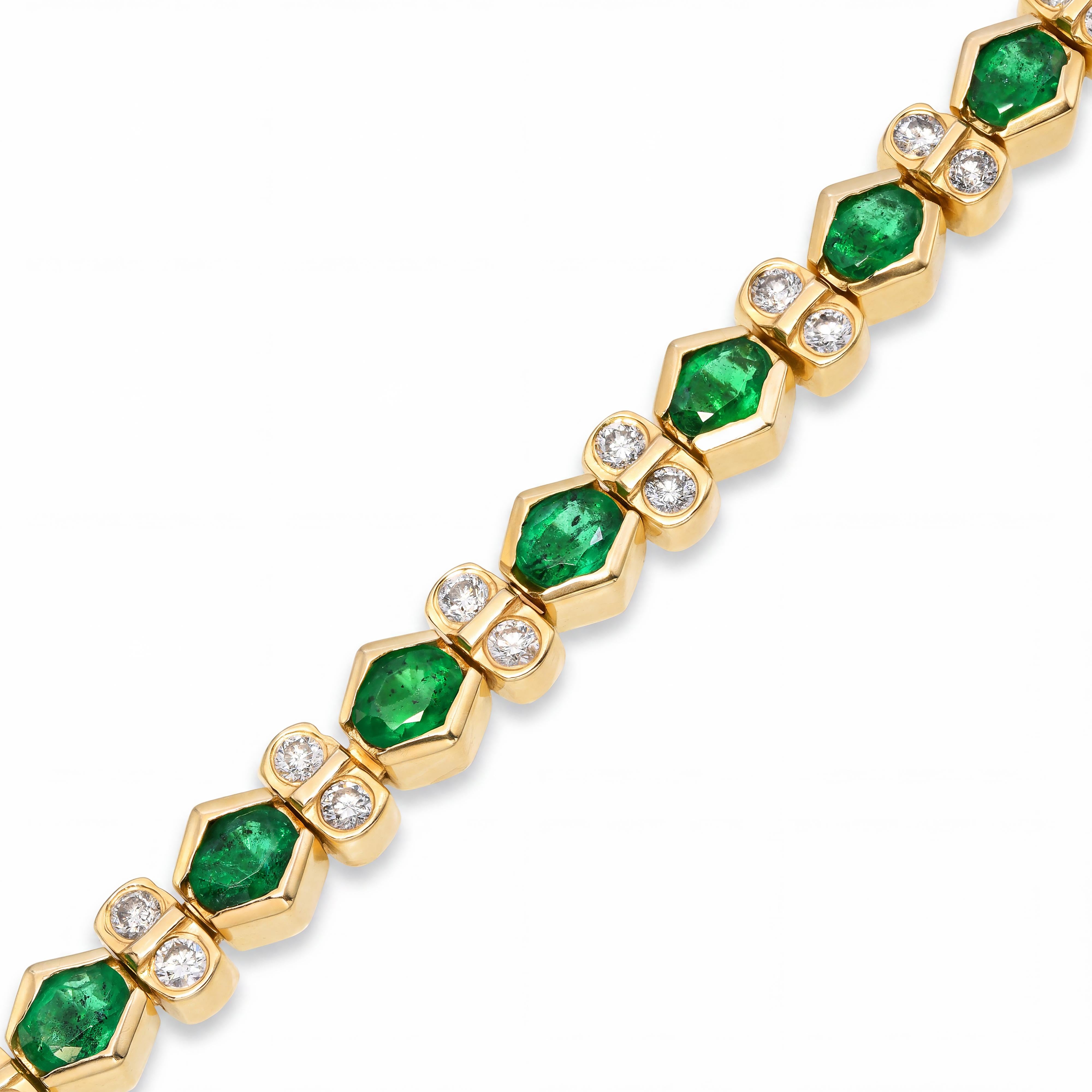 14k Yellow Gold Bezel Set Zambian Emerald and Diamond Line Bracelet