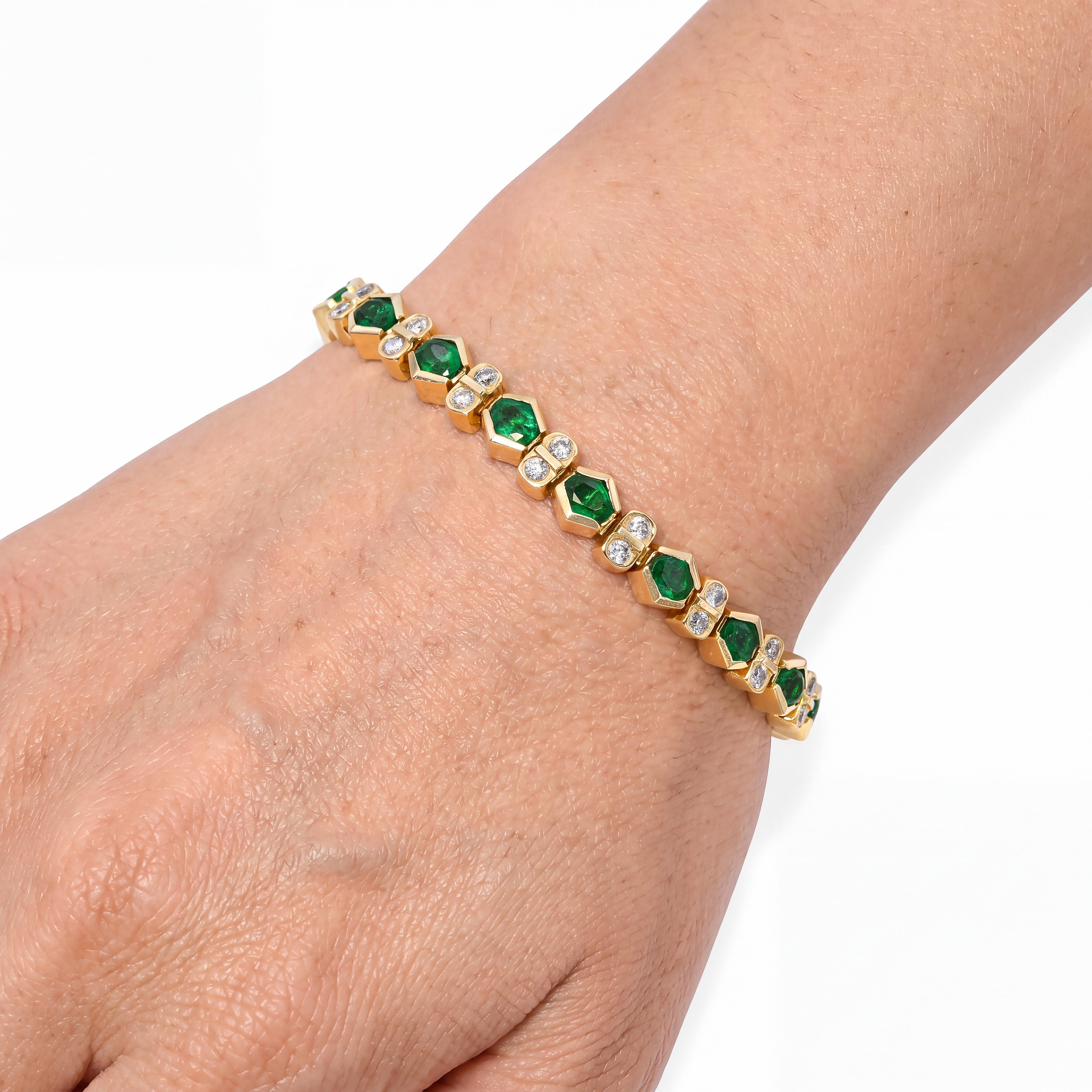 14k Yellow Gold Bezel Set Zambian Emerald and Diamond Line Bracelet
