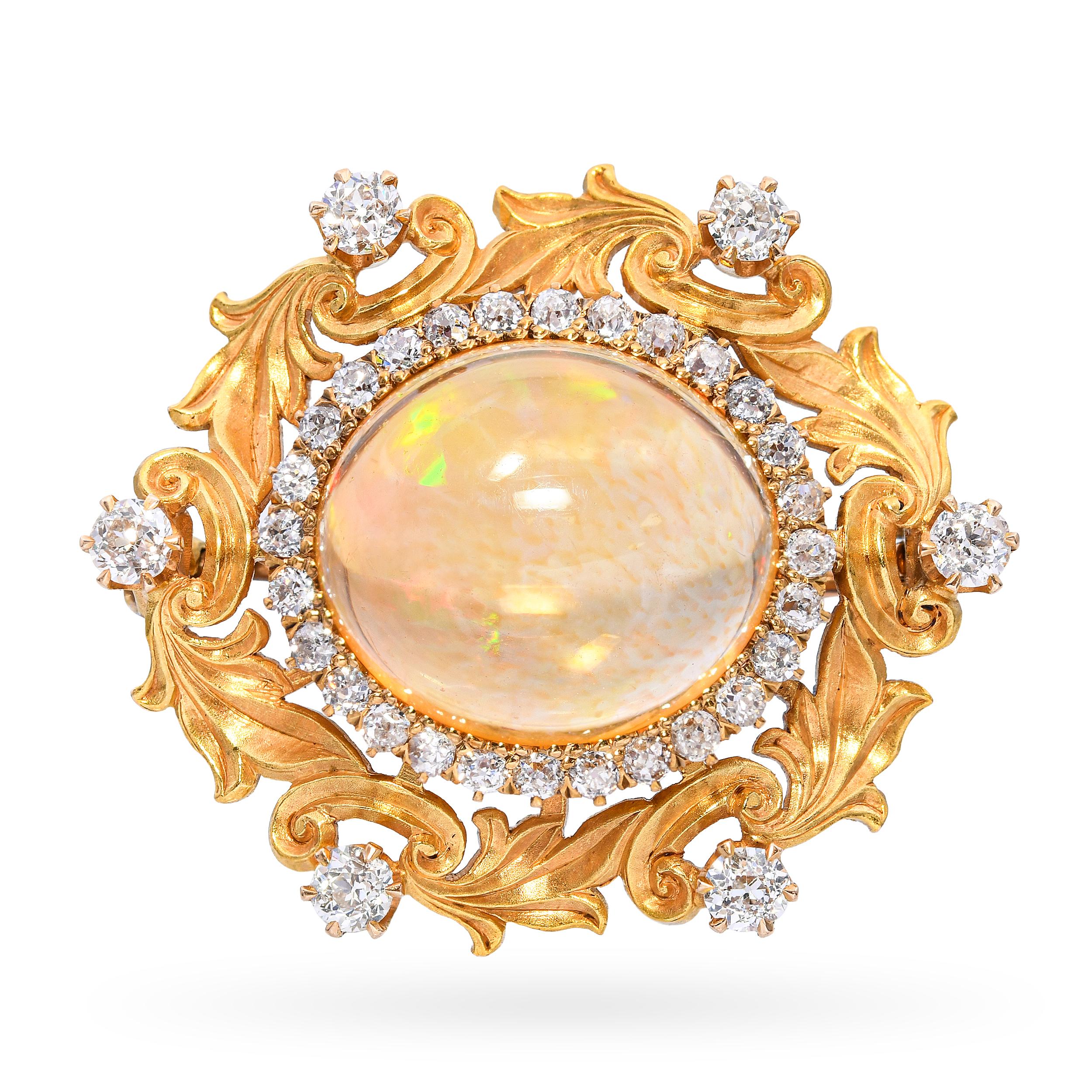 Antique 23k Yellow Gold Art Nouveau 7.43ct Fire Opal & Old Euro Diamond Brooch