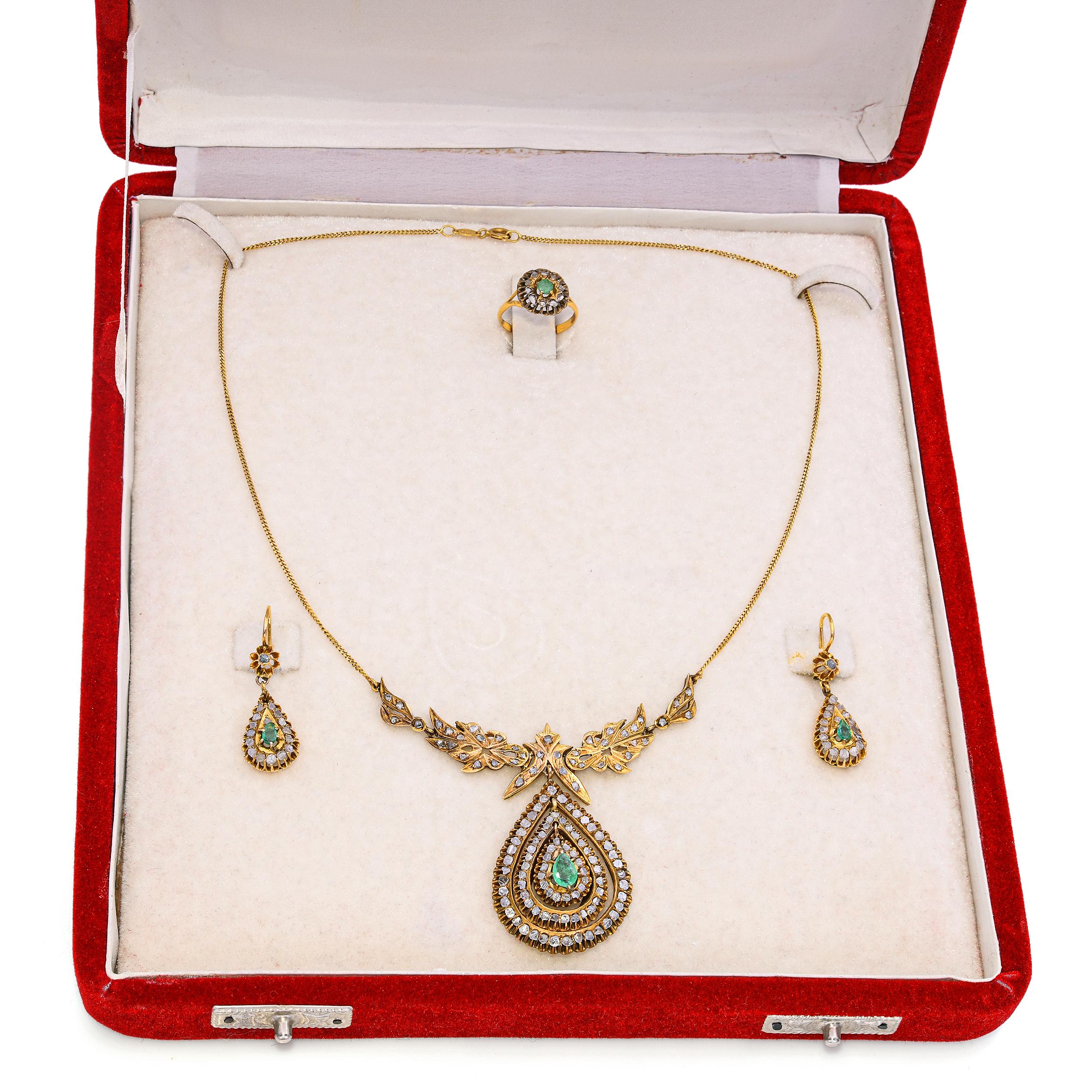Antique Persian Yellow Gold 1.2tcw Emerald and Polki Diamond Jewelry Set