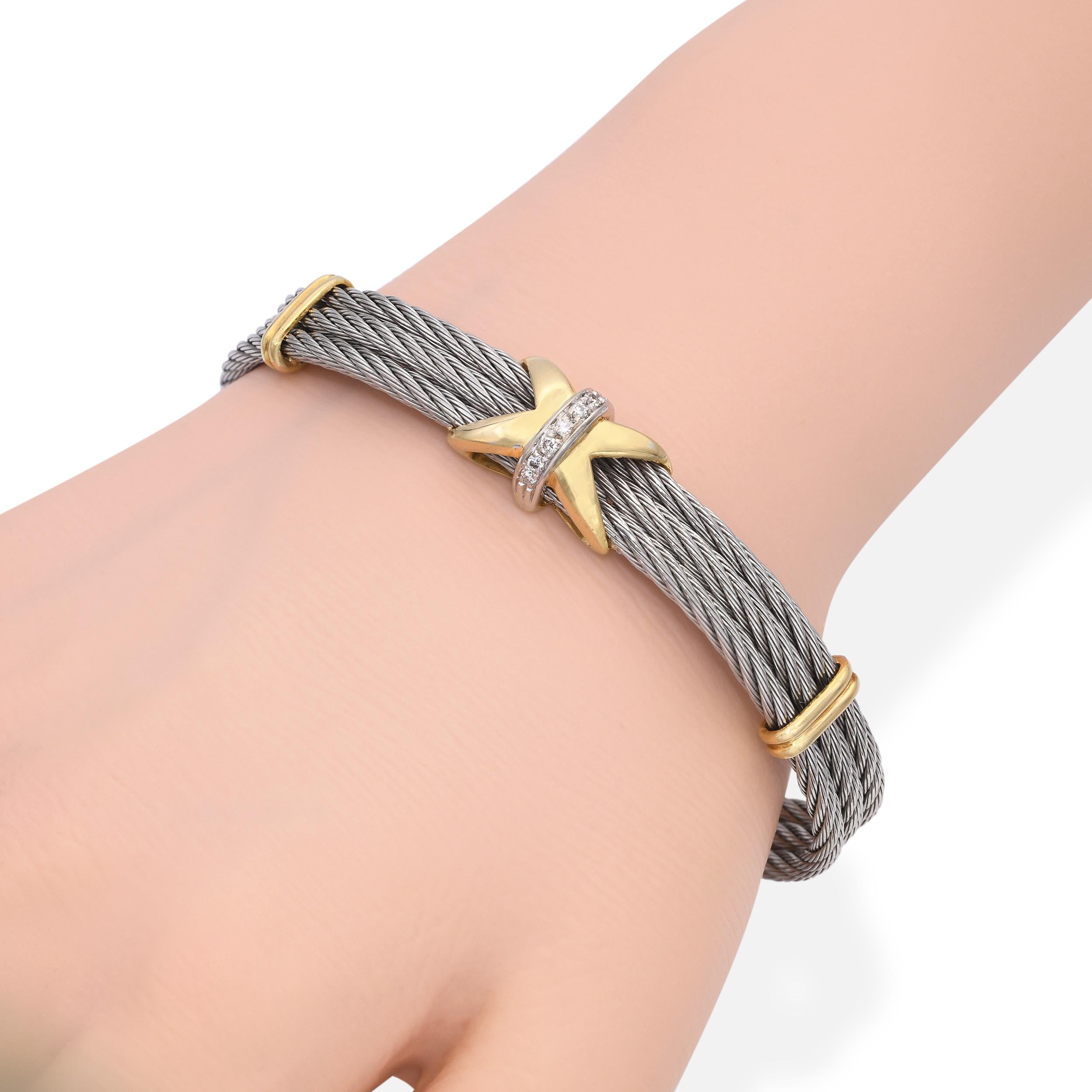 Vintage Yellow Gold and Stainless Steel Diamond X Cuff Bracelet