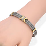 Vintage Yellow Gold and Stainless Steel Diamond X Cuff Bracelet