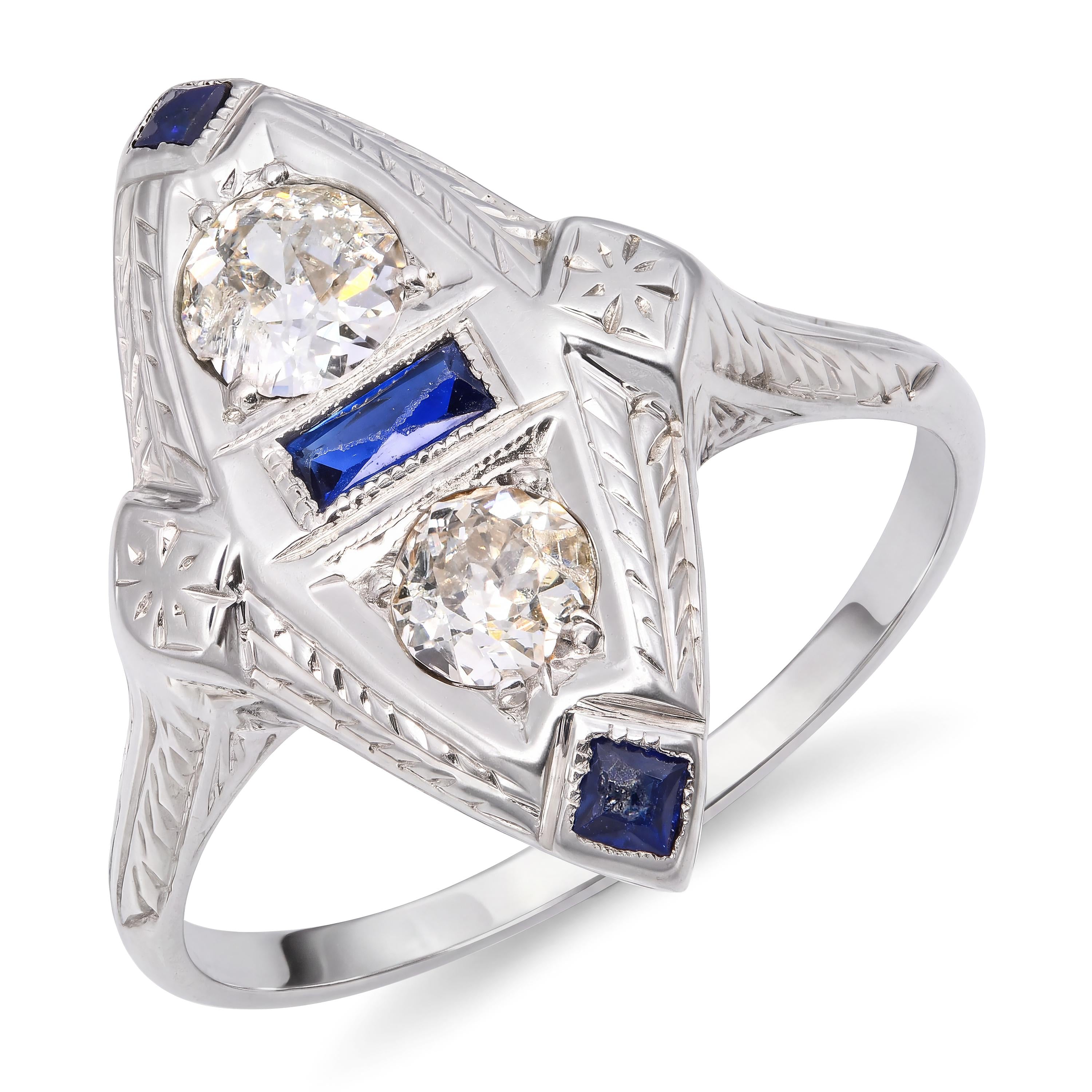Art Deco 18k White Gold 0.55tcw Old Euro Diamond and Sapphire Engraved Ring