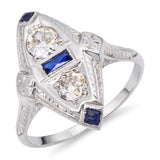 Art Deco 18k White Gold 0.55tcw Old Euro Diamond and Sapphire Engraved Ring