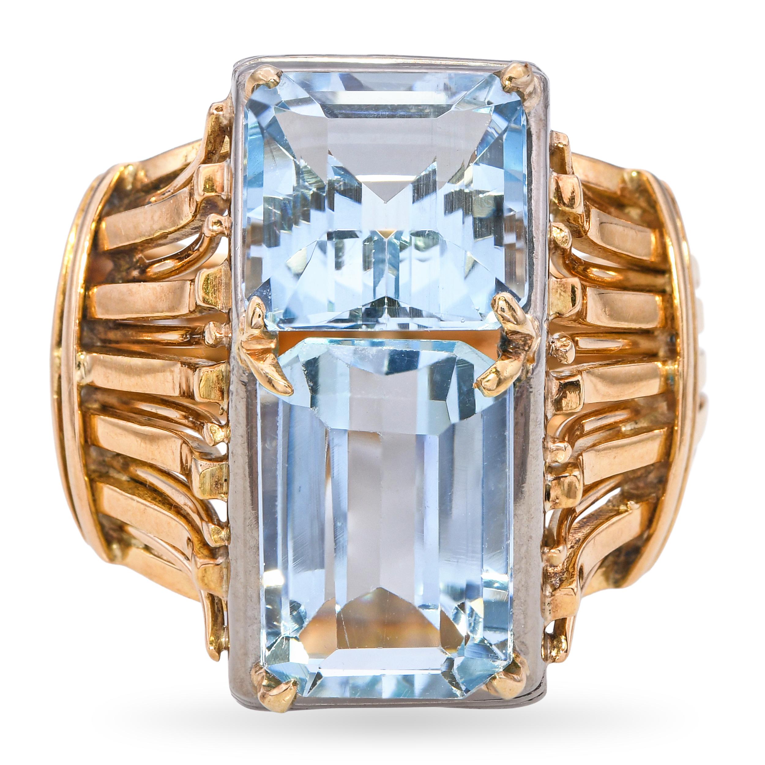 Vintage Retro 17k Yellow Gold and Silver 7.65tcw Aquamarine Statement Ring