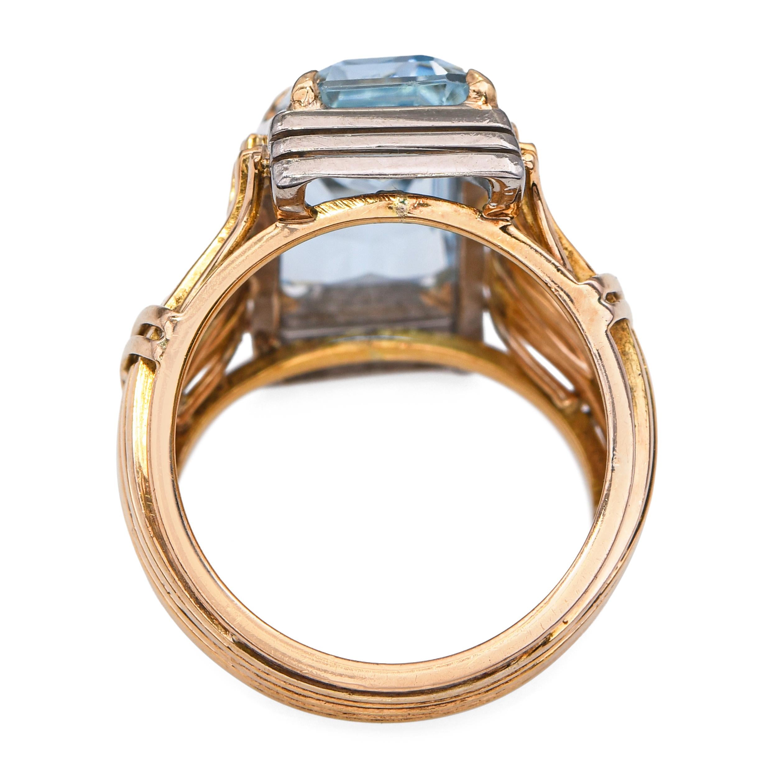 Vintage Retro 17k Yellow Gold and Silver 7.65tcw Aquamarine Statement Ring