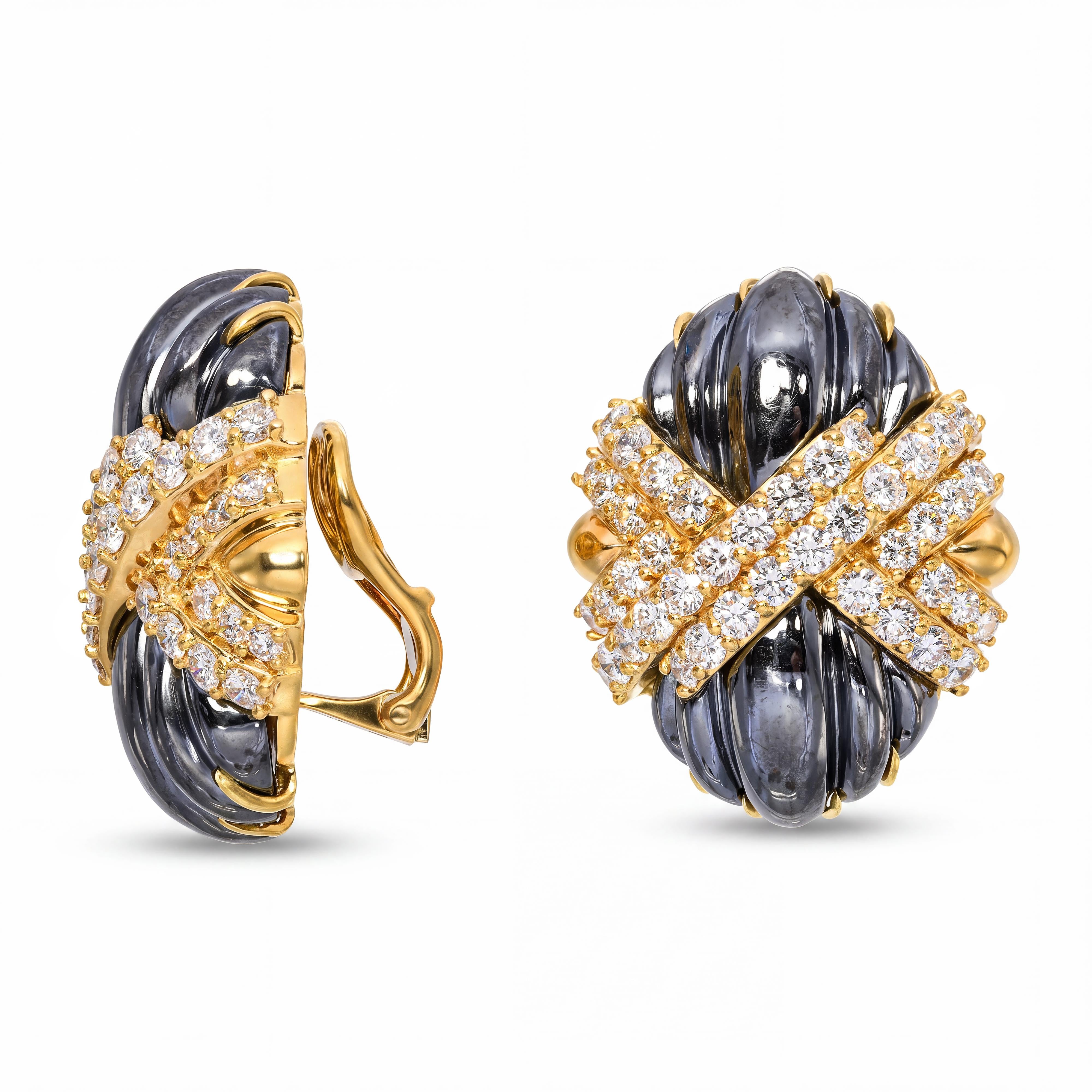 Hammerman Brothers 18k Yellow Gold Diamond and Hematite Huggie Earrings