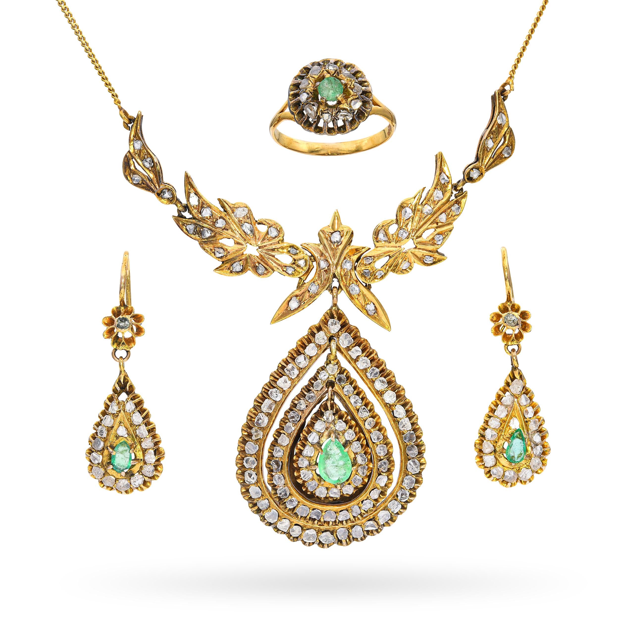 Antique Persian Yellow Gold 1.2tcw Emerald and Polki Diamond Jewelry Set