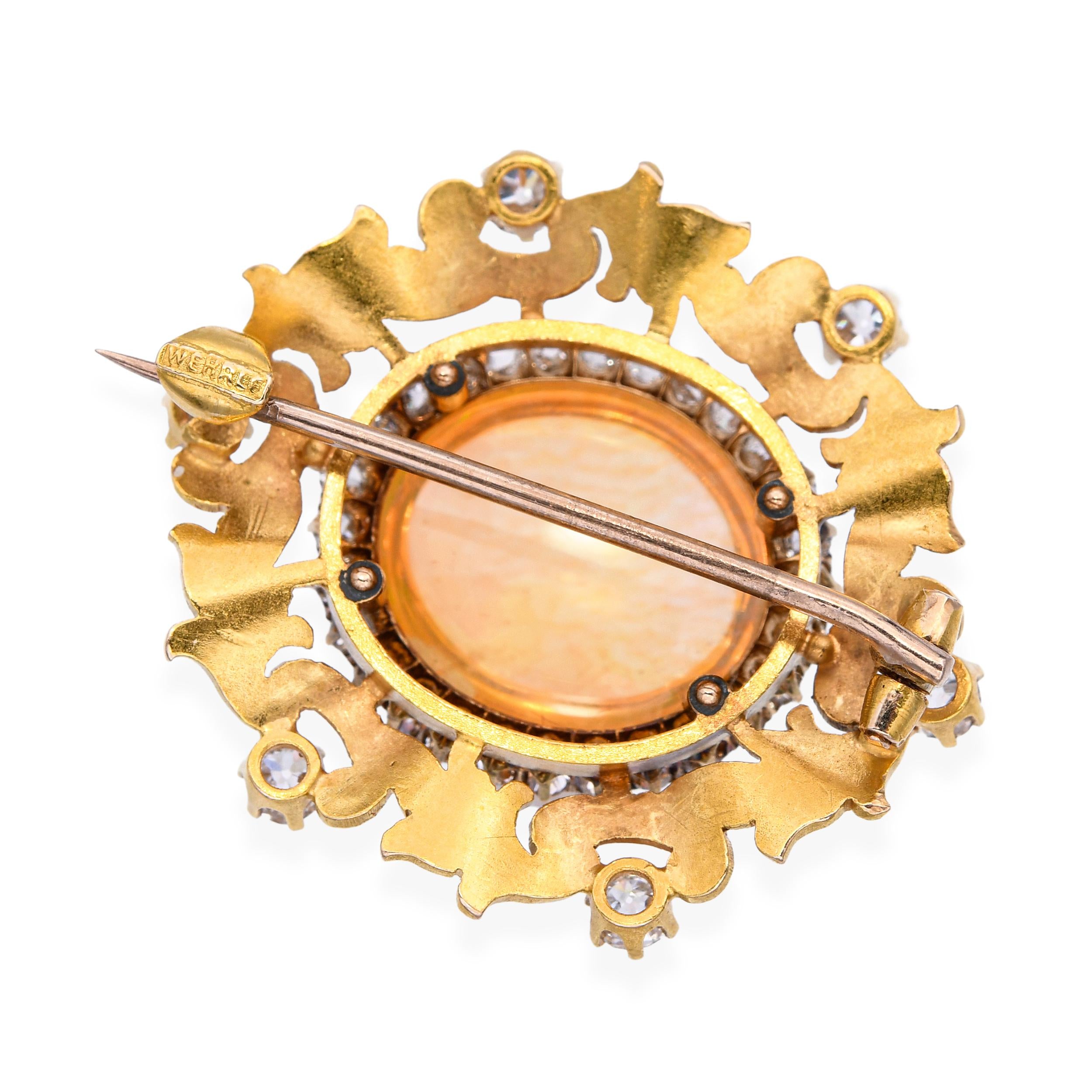 Antique 23k Yellow Gold Art Nouveau 7.43ct Fire Opal & Old Euro Diamond Brooch