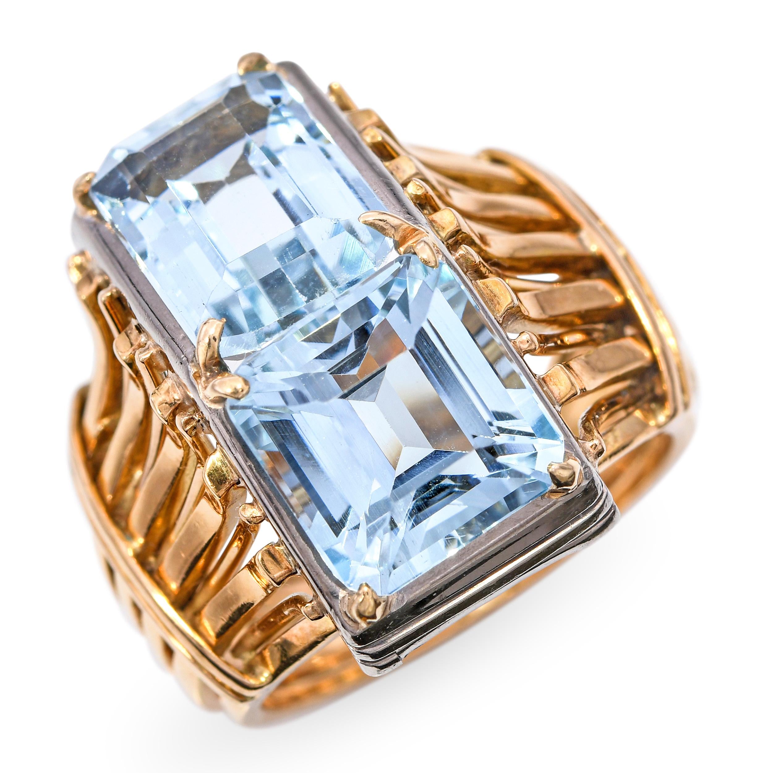 Vintage Retro 17k Yellow Gold and Silver 7.65tcw Aquamarine Statement Ring