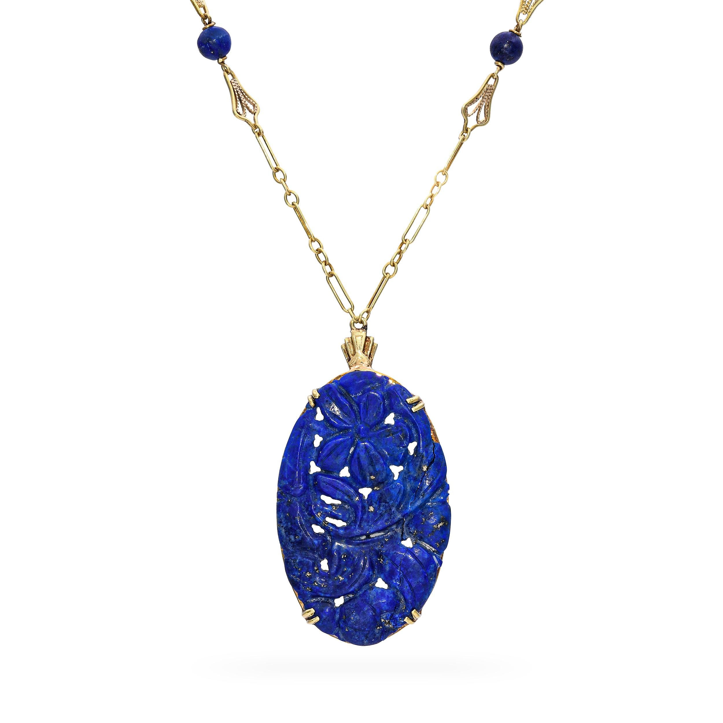 Vintage 13k Yellow Gold Carved Lapis Lazuli Pendant Necklace