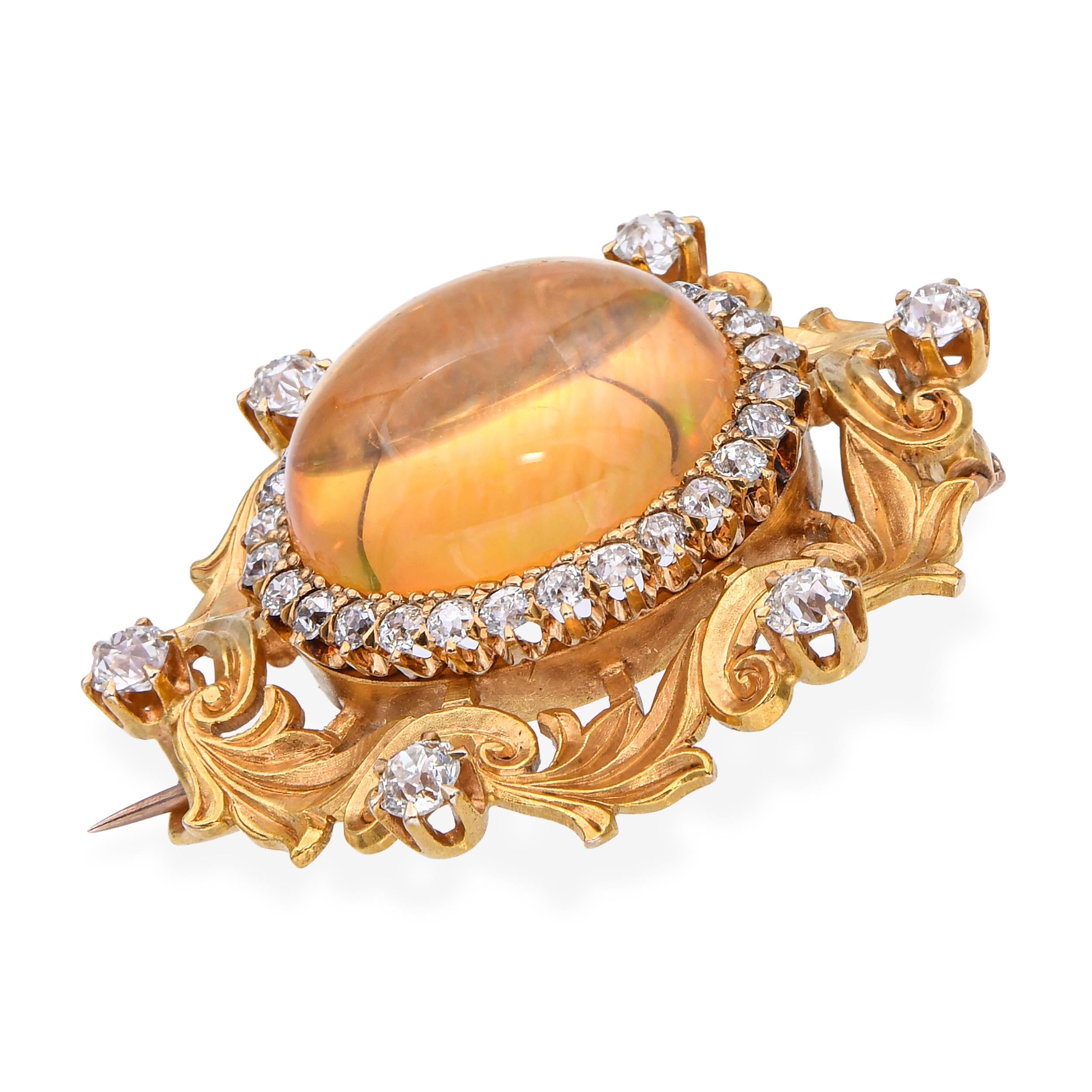 Antique 23k Yellow Gold Art Nouveau 7.43ct Fire Opal & Old Euro Diamond Brooch