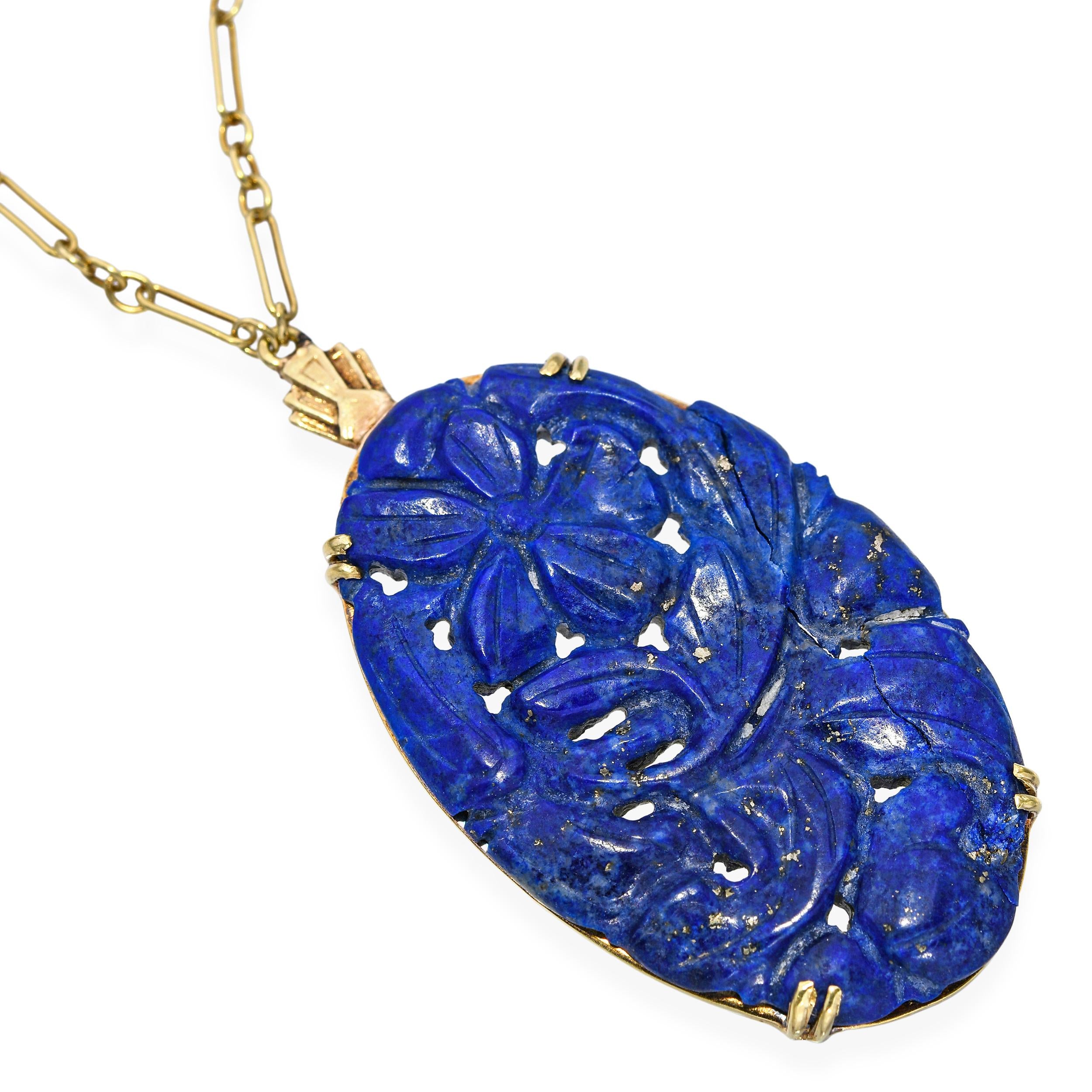 Vintage 13k Yellow Gold Carved Lapis Lazuli Pendant Necklace