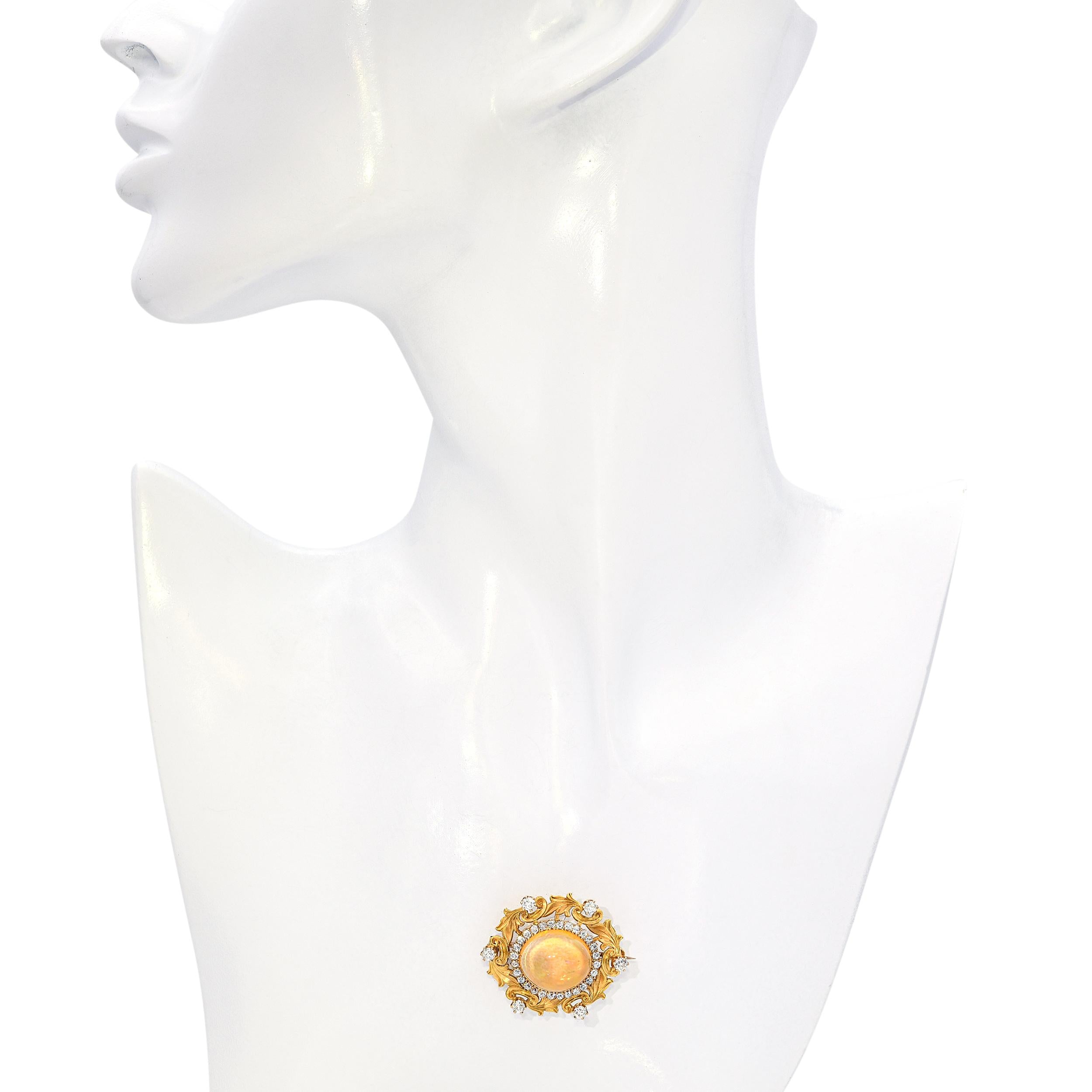 Antique 23k Yellow Gold Art Nouveau 7.43ct Fire Opal & Old Euro Diamond Brooch
