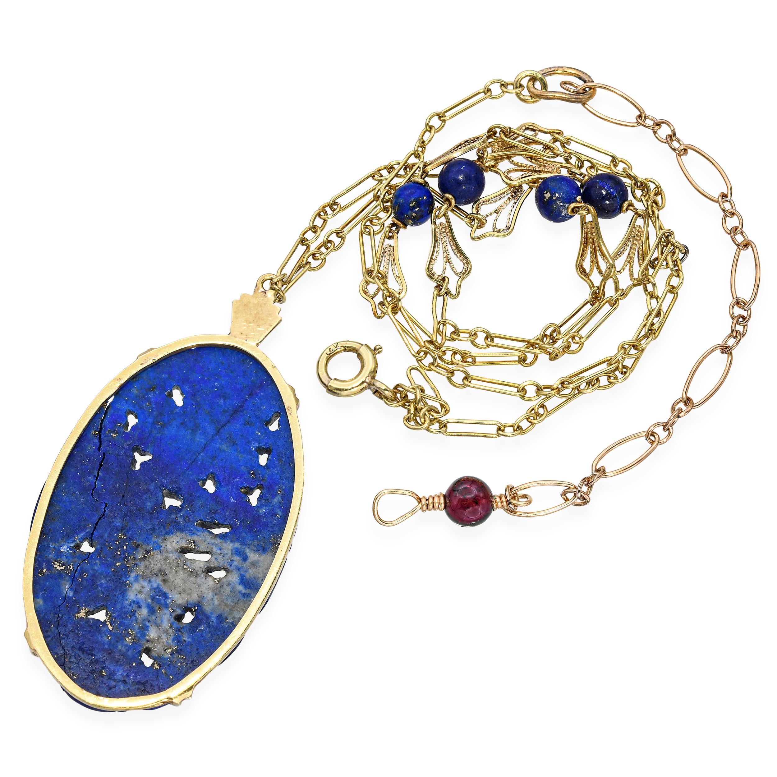 Vintage 13k Yellow Gold Carved Lapis Lazuli Pendant Necklace