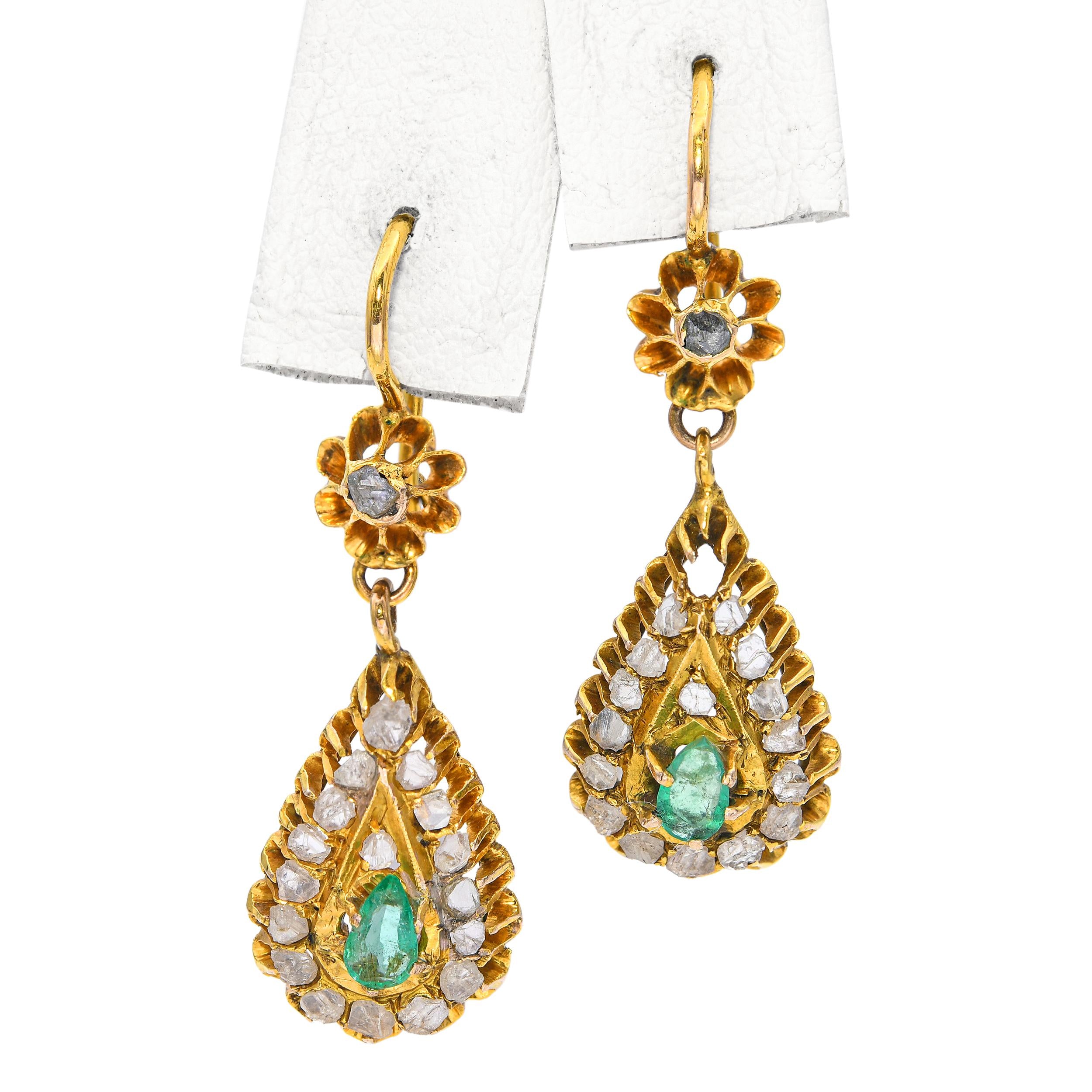 Antique Persian Yellow Gold 1.2tcw Emerald and Polki Diamond Jewelry Set